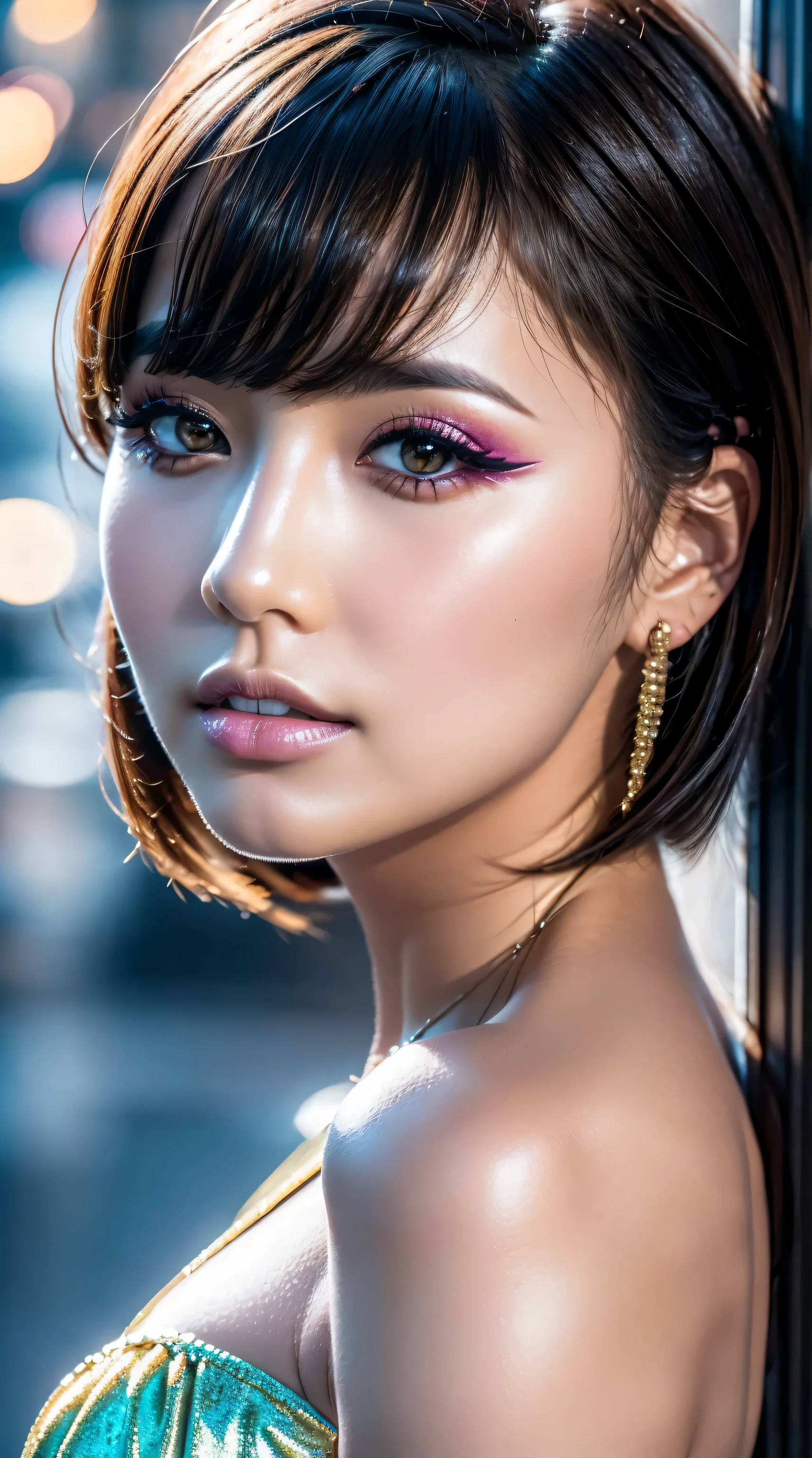 dressed, (photo realistic:1.4), (hyper realistic:1.4), (realistic:1.3), (smoother lighting:1.05), (increase cinematic lighting quality:0.9), 32K, 1girl,25yo girl, realistic lighting, backlighting, light on face, ray trace, (brightening light:1.2), (Increase quality:1.4), (best quality real texture skin:1.4), finely detailed eyes, finely detailed face, finely quality eyes, (tired and sleepy and satisfied:0.0), ((face closeup)), bikini, korean girl, (Increase body line mood:1.1), (Increase skin texture beauty:1.1), (pink_makeup:1.3, eyeliner:1.22), there a close up of a woman's eye with a digital rendering, (perfect dark eyeshadows:1.25), (detailed makeup on eyes:1.2), iridescent eyes, with professional makeup, (eyeshadow:1.26), vibrant eyes:1.2, ((Glamour, paparazzi taking pictures of her), (very complicated Extravagant street outfit), The attention to detail, Double eyelids, Wear an off-the-shoulder top, full bodyesbian,((White short hair)), ((brown_eyes)), 16K, UHD, Extremely detailed, voluminetric warm lighting,