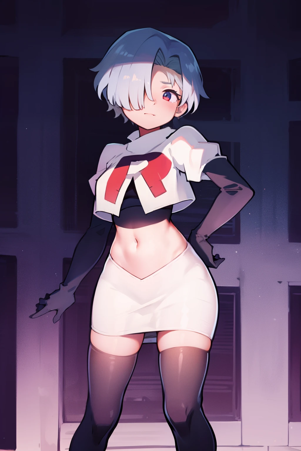 1girl, Standing, Portrait, 独奏, hair above one eye, Short hair, team rocket,team rocket uniform,white skirt,red letter R,crop top,black thigh-highs,black elbow gloves