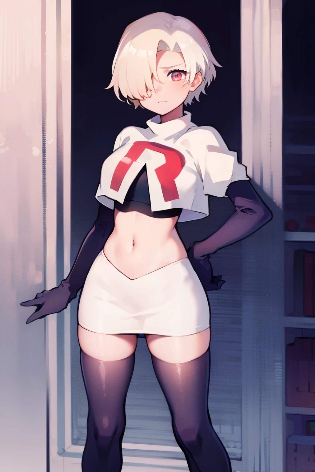 1girl, Standing, Portrait, 独奏, hair above one eye, Short hair, team rocket,team rocket uniform,white skirt,red letter R,crop top,black thigh-highs,black elbow gloves