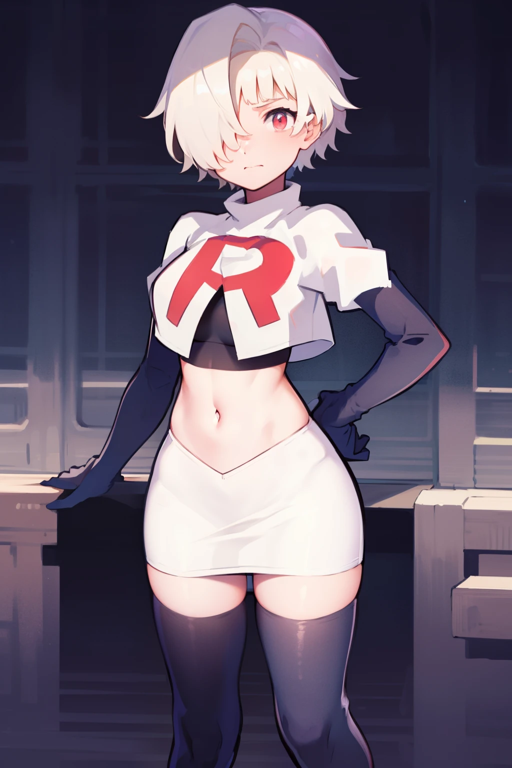 1girl, Standing, Portrait, 独奏, hair above one eye, Short hair, team rocket,team rocket uniform,white skirt,red letter R,crop top,black thigh-highs,black elbow gloves