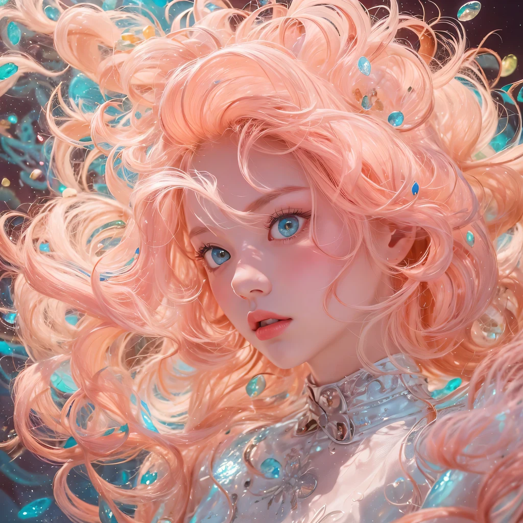 Peach Velvet Series，Peach-colored flull颜色，enamel，agate，A flesh-colored world，Blood Blue Maiden 32k（masterpiece，HD，Aoyama Pond，Ultra high quality，32k）Bright pink long flowing hair，blood pool，Ziddink， a color，Grumpy （After greeting）， （Linen scarf）， fighting stance， looking at the ground， light pink long hair， Floating bright blue， Fire cloud gold headdress， Chinese long-sleeved gold silk burgundy garment， （Abstract metaverse splash：1.2）， White background，Peony flower vitality protector（realistically：1.4），Peach-colored flull，Smoke on the road，The background is very pure， high resolution， detail， RAW photos， Sharp Re， Nikon D850 film photo by Jefferies Lee 4 Kodak Portra 400 camera F1.6 guns, colorful, Ultra-realistic and vivid textures, dramatic lighting, Unreal Engine Art Station Trend, Sinest 800，Long flowing girl peach hair，Huge colorful bubbles light pink