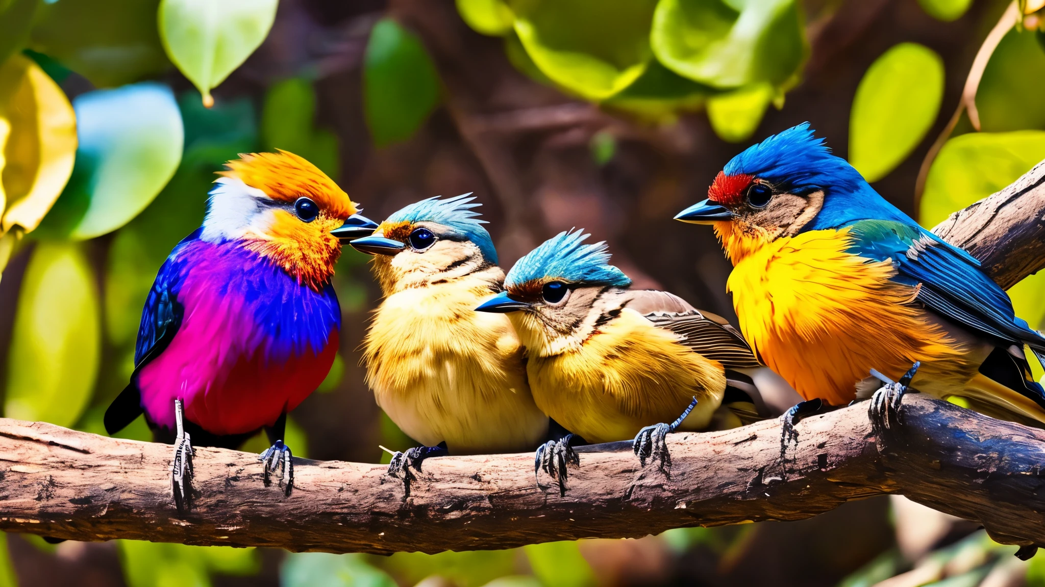 there is a bird that is sitting on a branch with a baby bird, still from a nature documentary, still from nature documentary, inspiring birds eye vista view, incredibly beautiful, excellent composition, in a nest, nature documentry footage, amazing composition, excellent contrast, style of titmouse animation, highly focused, very beautiful and elegant, unbelievably beautiful and colorful, vibrant color including red, green, blue, yellow, purple.
