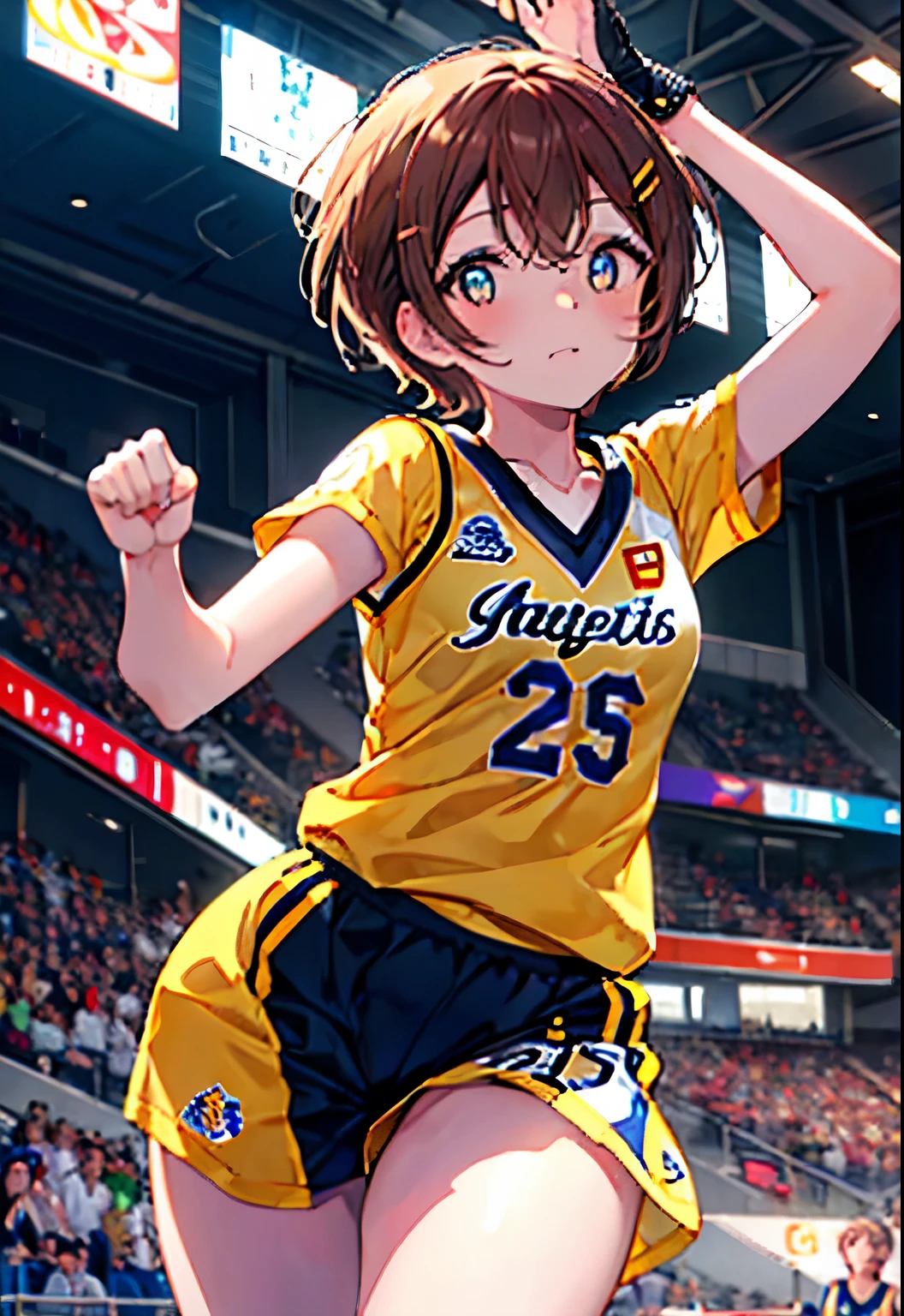 8k,highest quality,masterpiece,(((pixel perfect, Perfect in every detail))), alone, 1 girl, rin hoshizora, brown hair,short hair yellow eyes,small breasts,Limited to 1 female, (dynamic posing:1.2), /(basketball uniform/basketball pants),  /bangs, (highest qualityのmasterpiece:1.2) Delicate illustrations super detailed, Big breasts BREAK /(Civic gymnasium/) indoor, audience、(masterpiece:1.2), highest quality, High resolution, unity 8k wallpaper, (shape:0.8), (beautiful and detailed eyes:1.6), highly detailed face, perfect lighting, Very detailed CG, (perfect hands, perfect anatomy),