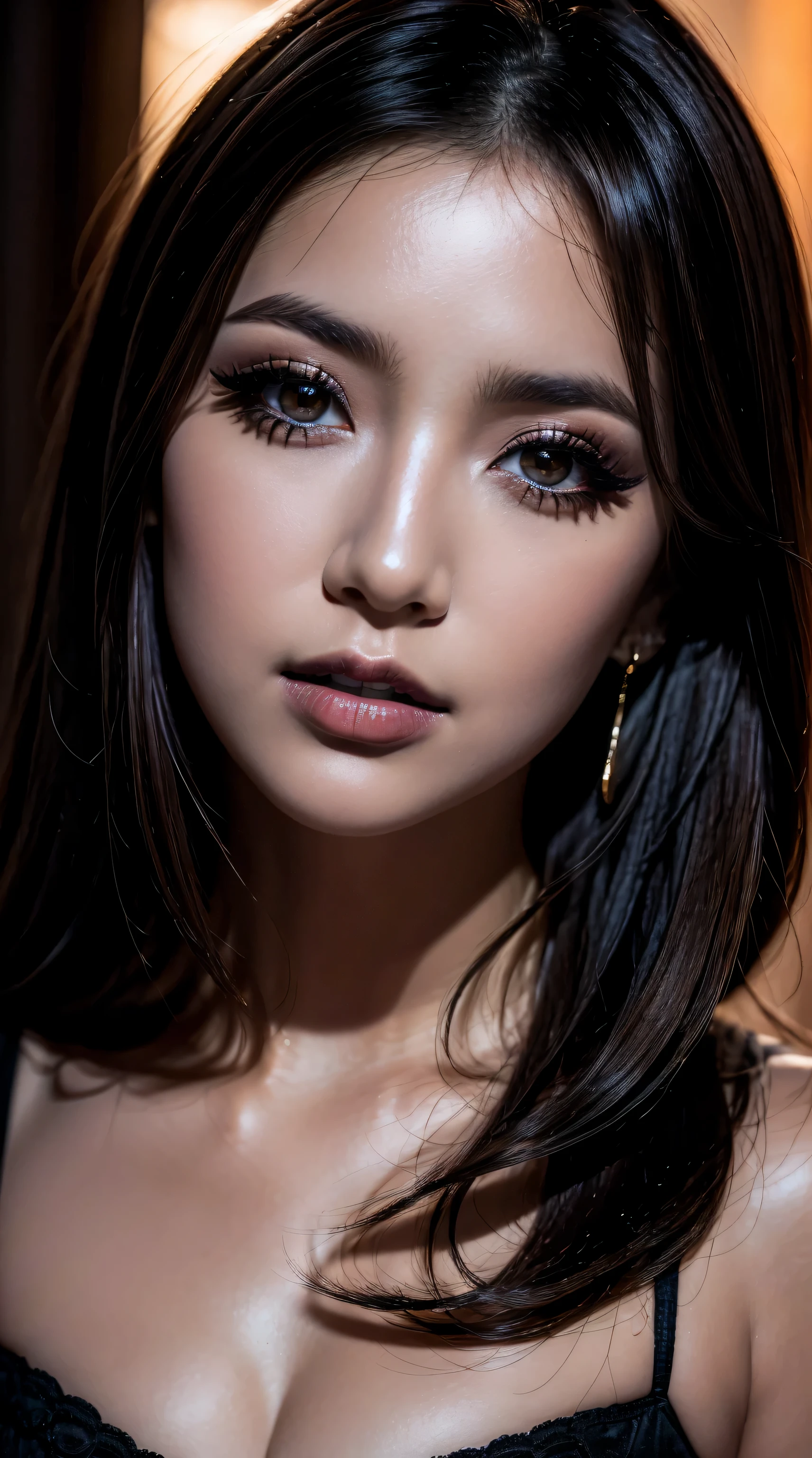 ((ultra-detailed primetime portraits))、 ((Ultra-realistic最high quality、 8K、 The ultra -The high-definition))、(Super beautiful)、(beautiful face:1.6)、(detailed face:1.6)、(detailed eyes:1.45)、(detailed lips:1.3)、(Detailed nose:1.2)、(cleavage:1.23)、1girl:1.3 22years old、fashion supermodel、real:1.75、photorealistic:1.75、very delicate and beautiful、fine details、masterpiece、 最high quality、 high quality、 ((absurdres))、 (sharp fous)、(Glamour, paparazzi taking pictures of her)、 (light dark short hair、extremely detailed)、 contrast、 (dark shot:1.07)、 Long blue_eyelashes:1.27、 (dark_eyeshadows:1.35)、 red_lipstick:1.45、((perfect round eyes))、 ((brown_eyes:1.4))、 (dark_makeup:1.35)、(matte skin:1.3)、 ((upper body shot))