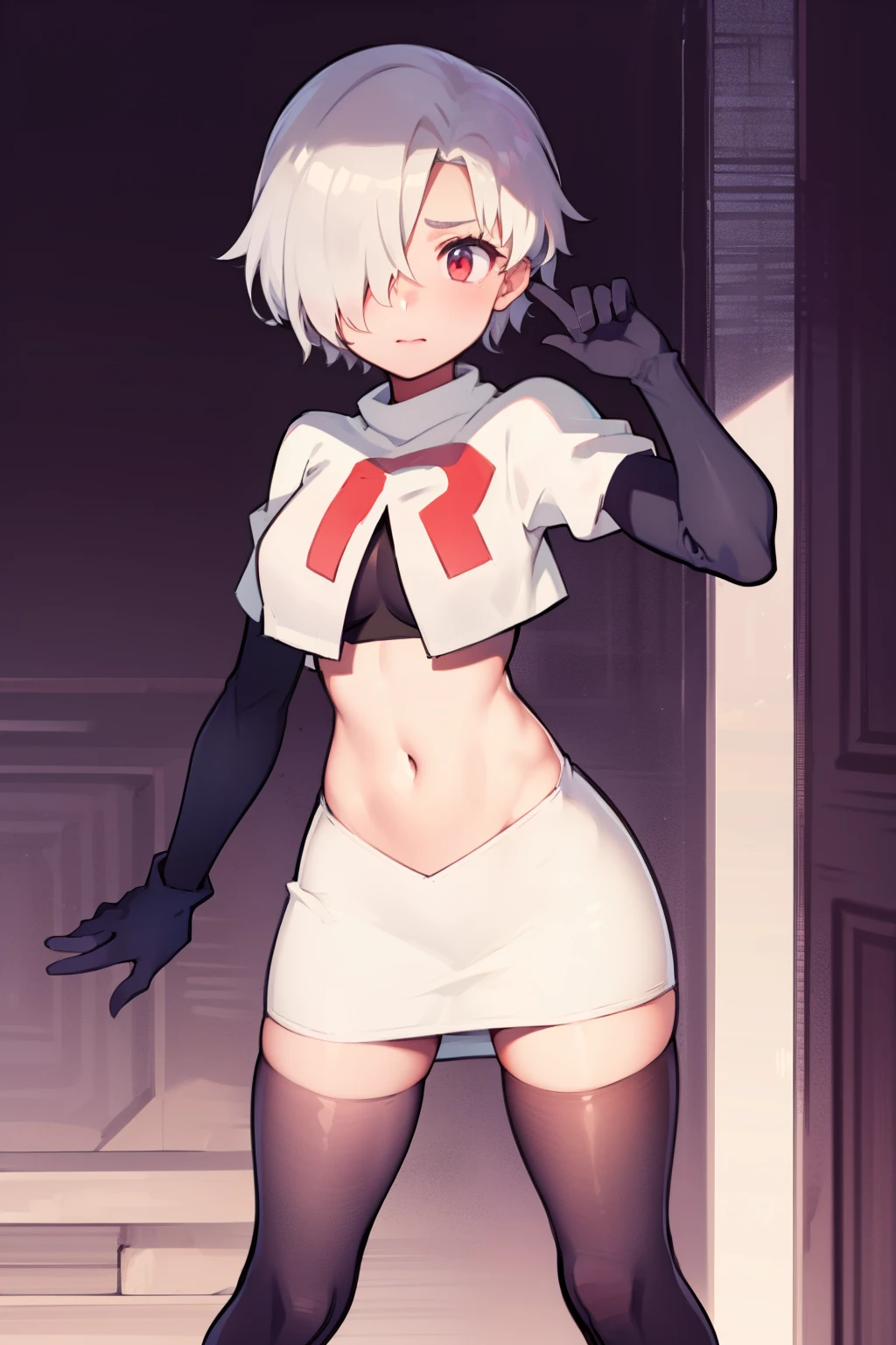 1girl, Standing, Portrait, 独奏, hair above one eye, Short hair, team rocket,team rocket uniform,white skirt,red letter R,crop top,black thigh-highs,black elbow gloves