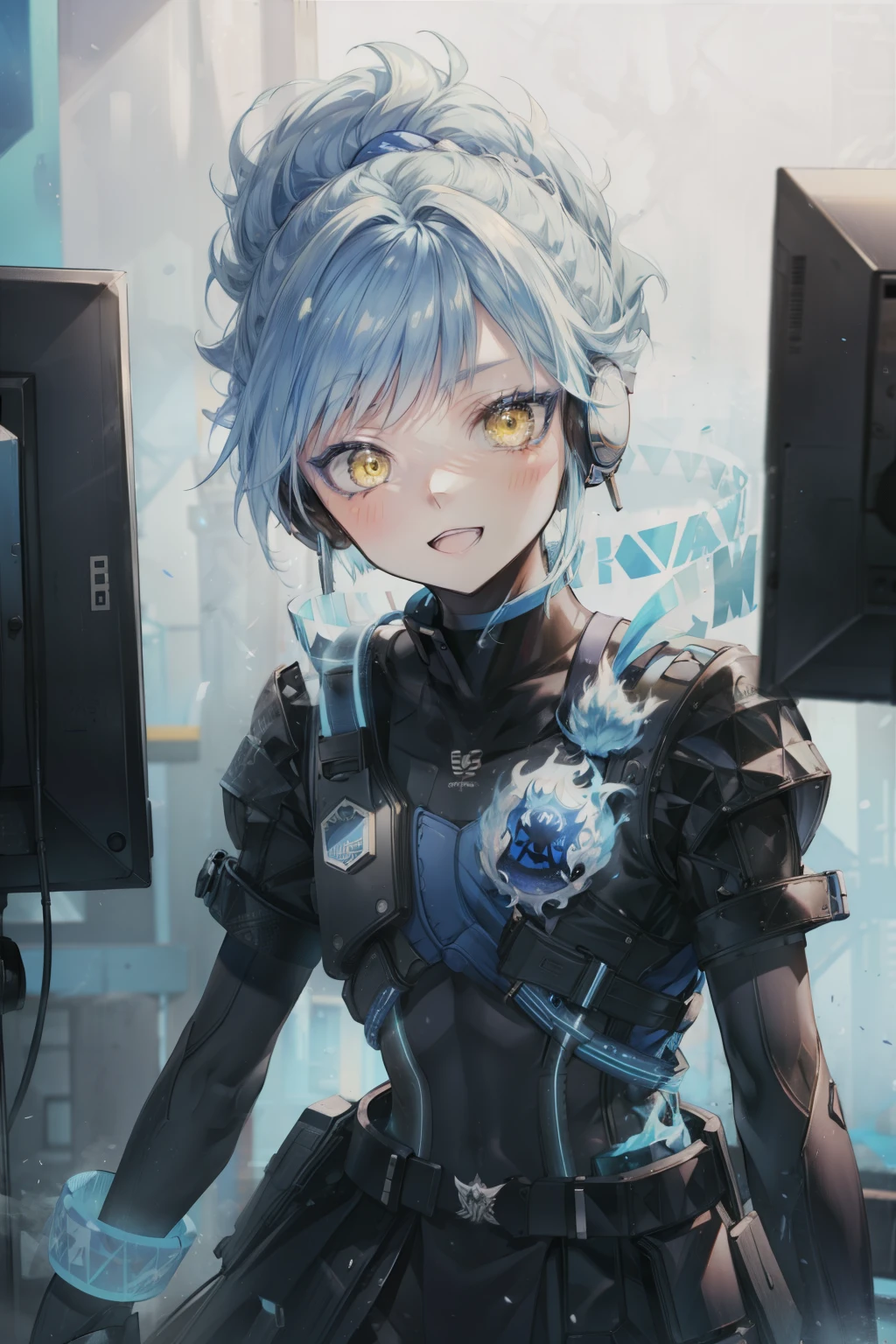 blue fiery hair、short hair、juvenile、1 humanoid、yellow eyes、around blue flames、computer background、smile、High resolution、super detailed