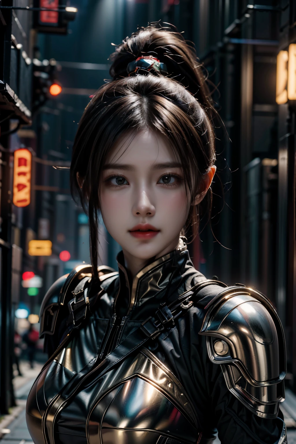 Game art，The best picture quality，Highest resolution，8K，(A bust photograph)，(Portrait:1.5)，(Head close-up)，(Rule of thirds)，Unreal Engine 5 rendering works， (The Girl of the Future)，(Female Warrior)， 
20岁少女，An eye rich in detail，(Big breasts)，优雅高贵，冷漠，勇敢的，
(Future style combat suit combining the characteristics of ancient armor，Ancient runes of light，Combat accessories with rich details，Metallic luster)，Future police，赛博朋克人物，

拍照姿势，简单背景，Movie lights，Ray tracing，Game CG，((3D Unreal Engine))，oc渲染反射纹