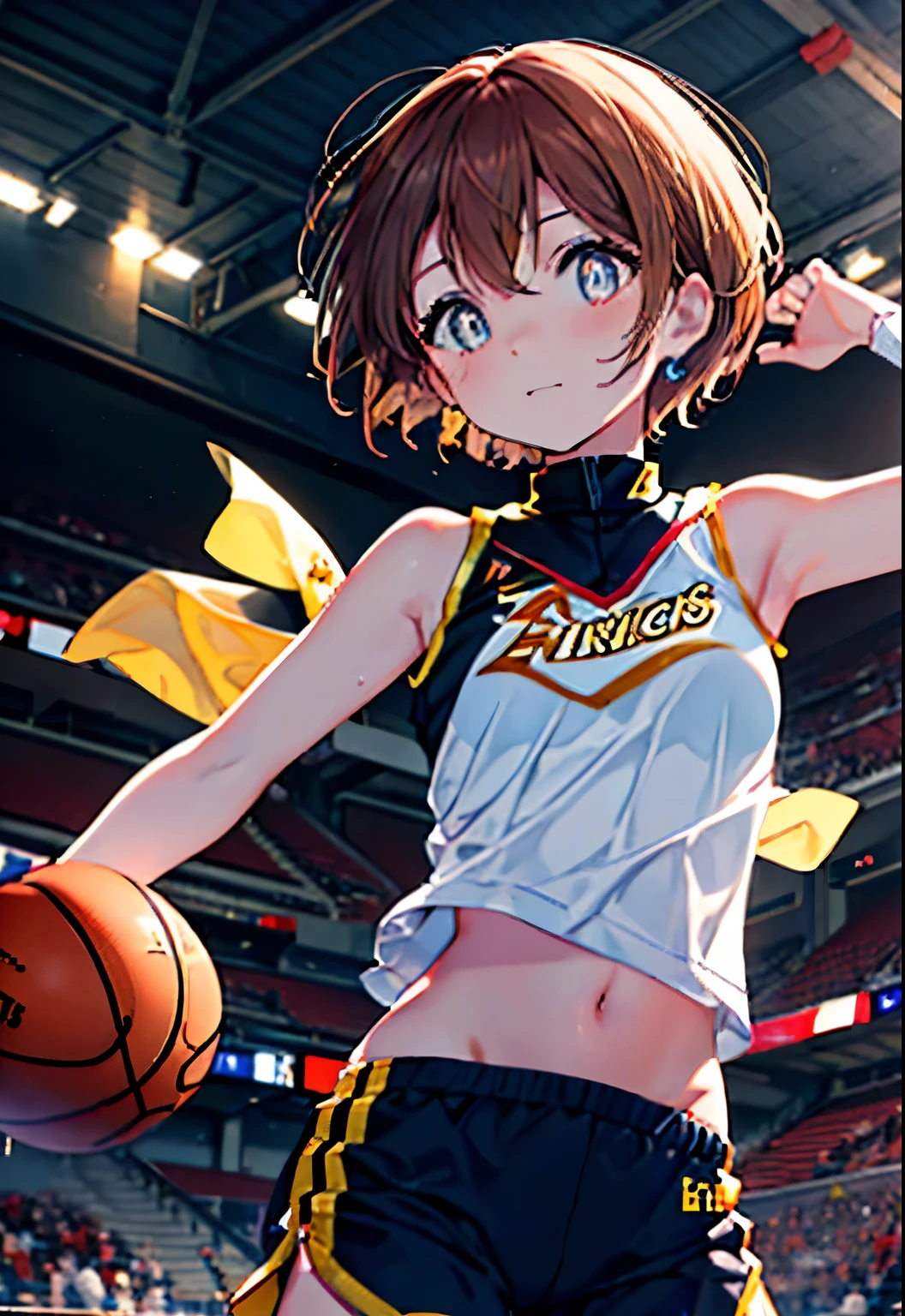 8k,highest quality,masterpiece,(((pixel perfect, Perfect in every detail))), alone, 1 girl, rin hoshizora, brown hair,short hair yellow eyes,small breasts,Limited to 1 female, (dynamic posing:1.2), /(basketball sleeveless uniform/basketball pants),  /bangs, (highest qualityのmasterpiece:1.2) Delicate illustrations super detailed, Big breasts BREAK /(Civic gymnasium/) indoor, audience、(masterpiece:1.2), highest quality, High resolution, unity 8k wallpaper, (shape:0.8), (beautiful and detailed eyes:1.6), highly detailed face, perfect lighting, Very detailed CG, (perfect hands, perfect anatomy),