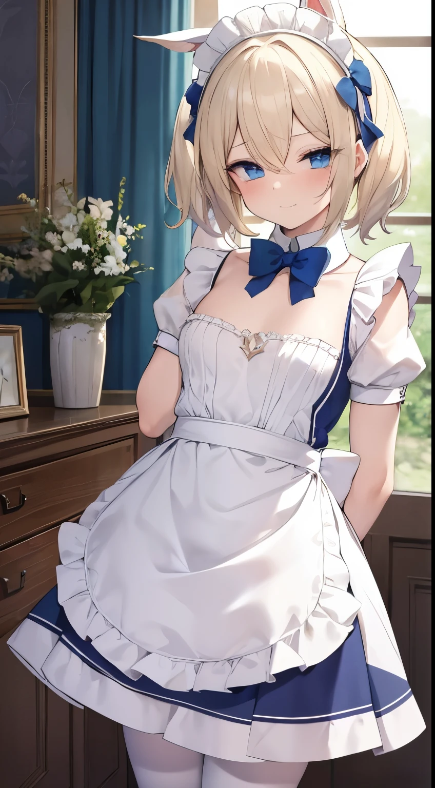 best lighting, absurdres, masterpiece, best quality, ultra-detailed illustration, (1boy:1.3), ((femboy)), boy, ((male body)), white bunny ears, absurdres high detailed face, short blonde hair, straight chest, maid sexy costume, apron, maid apron, maid headdress, short dress, detailed blue eyes, twintail, indoors, window, shy, blush, cute,