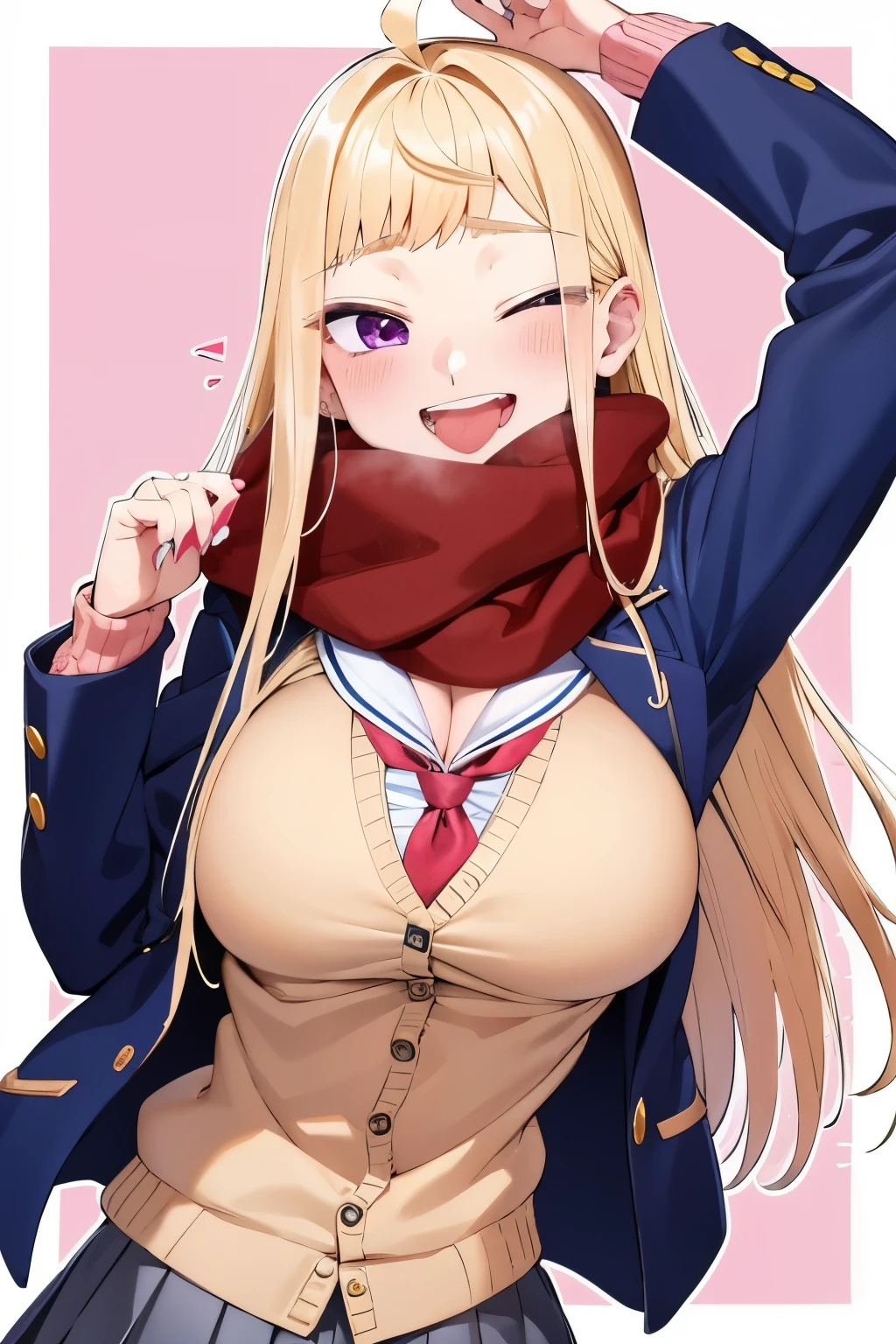 minami_fuyuki, 1girl,ahoge, solo, scarf, one eye closed, breasts, pink cardigan, jacket, cardigan, smile, purple eyes, skirt, red scarf, school uniform, blue nails, looking at viewer, open mouth, large breasts, white background, tongue, blush, blue jacket, breath, bangs, hair behind ear, teeth, pleated skirt, very long hair, grey skirt, tongue out, blazer 