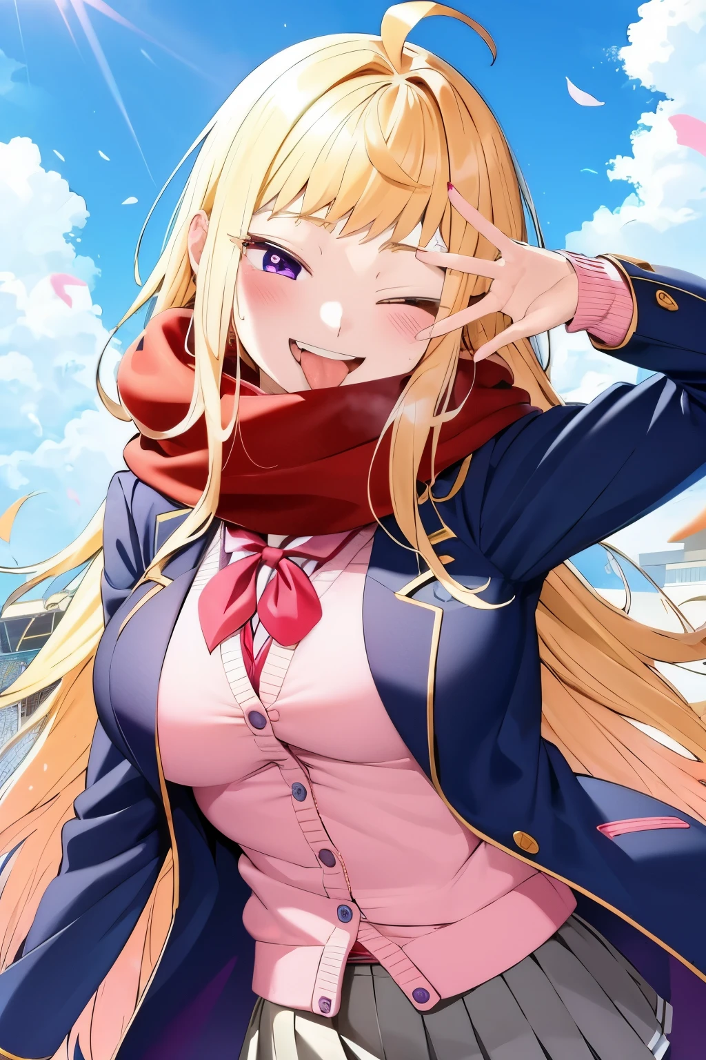 minami_fuyuki, 1girl,ahoge, solo, scarf, one eye closed, breasts, pink cardigan, jacket, cardigan, smile, purple eyes, skirt, red scarf, school uniform, blue nails, looking at viewer, open mouth, large breasts, white background, tongue, blush, blue jacket, breath, bangs, hair behind ear, teeth, pleated skirt, very long hair, grey skirt, tongue out, blazer 