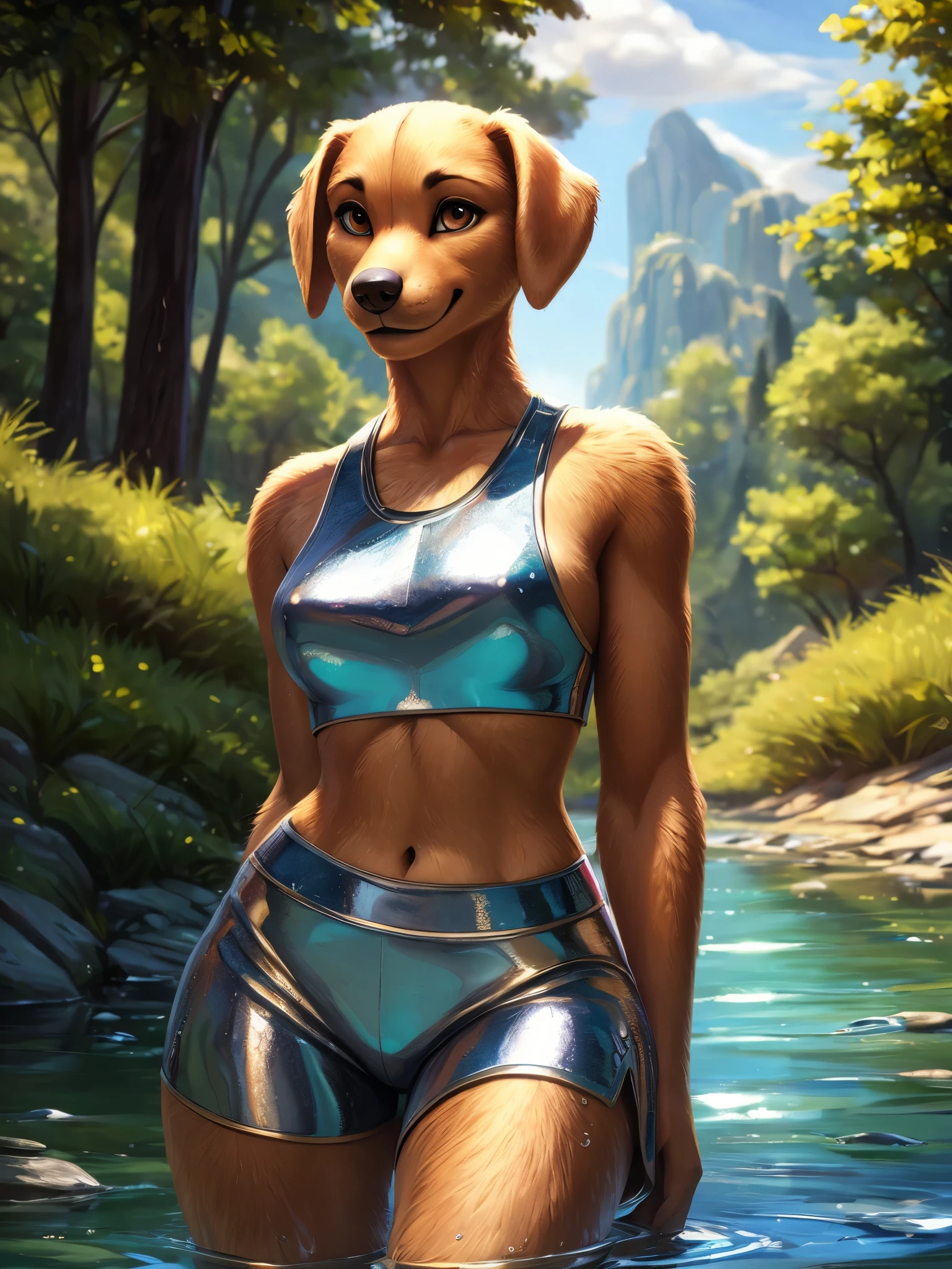 (by pixelsketcher:0.6), (by personalami :0.6), solo, female,labrador, canine, detailed background, (cinematic lighting:1.1), (perfect focus:1.1), 8k hd, photo, (detailed eyes:1.2),depth of field, bokeh, subsurface scattering, perfect breasts, wide angle,(metallic crop top, metallic shorts),bright colors, (furry detail:1.3),detailed background, wilderness background, realistic, photorealistic, ultra realistic,natural landscape, sky with clouds, sunny day, ((floating water, 2000s style windows wallpaper)),(tail,short tail),smile,brown eyes, (golde fur, golden skin,golden body), two skin ton