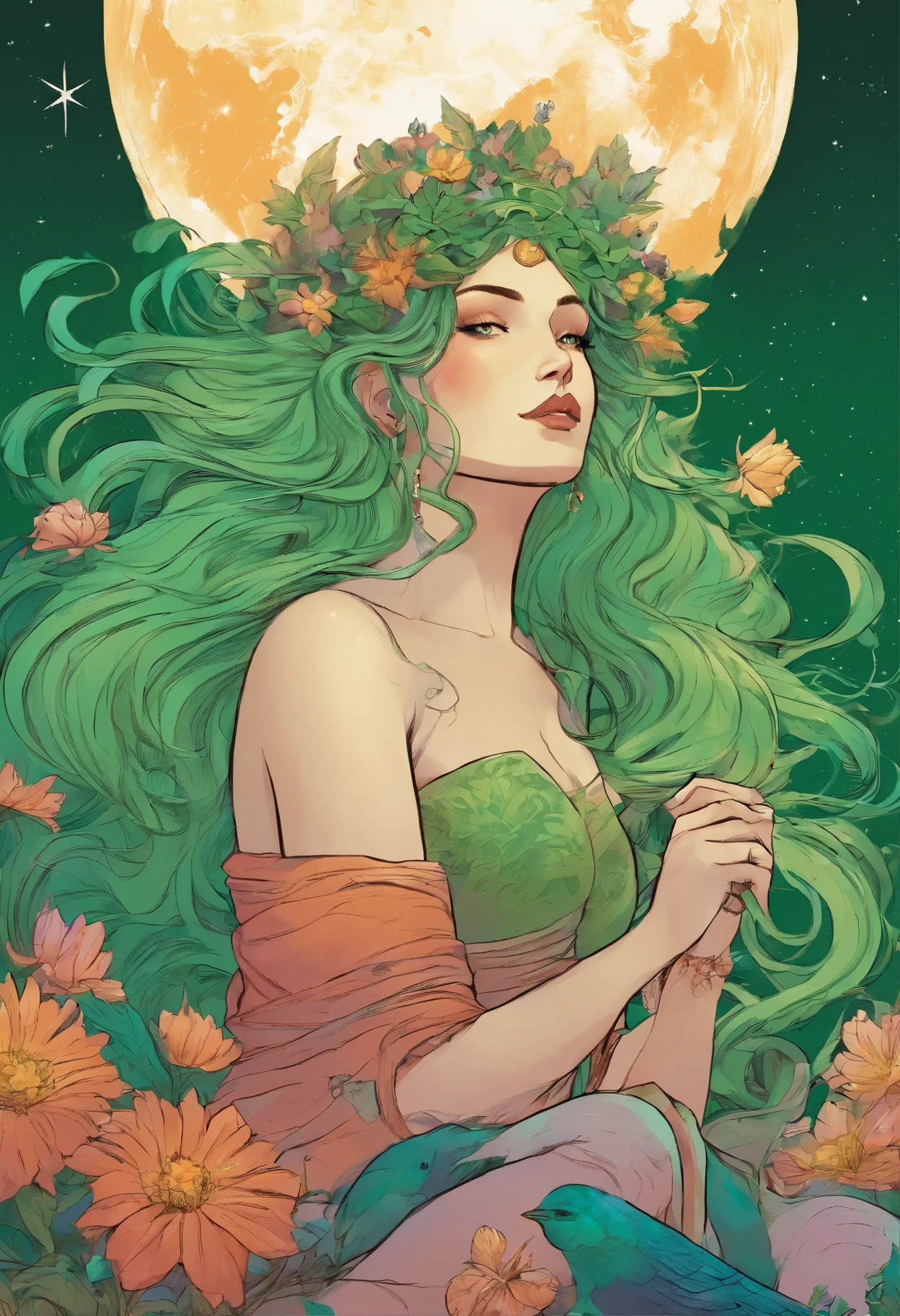 Fair-skinned nature goddess. Long flowing green hair filled with flowers. She sits amongst the stars and holds the earth in her bosom