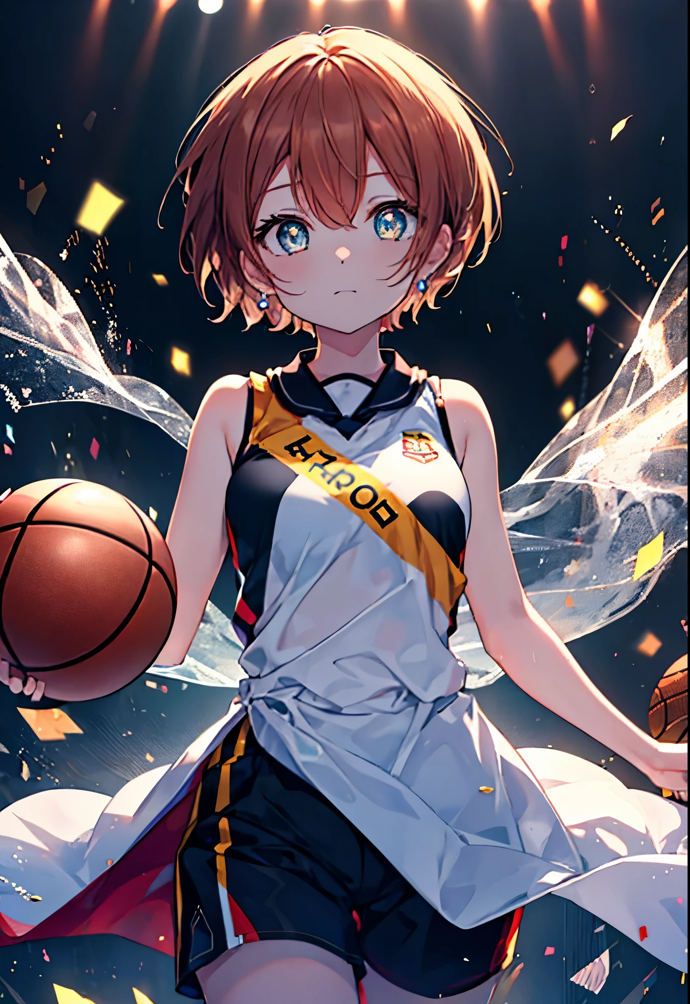 8k,highest quality,masterpiece,(((pixel perfect, Perfect in every detail))), alone, 1 girl, rin hoshizora, brown hair,short hair yellow eyes,small breasts,Limited to 1 female, (dynamic posing:1.2), /(basketball sleeveless uniform/basketball pants), /bangs, (highest qualityのmasterpiece:1.2) Delicate illustrations super detailed, Big breasts BREAK /(Civic gymnasium/) indoor, audience、(masterpiece:1.2), highest quality, High resolution, unity 8k wallpaper, (shape:0.8), (beautiful and detailed eyes:1.6), highly detailed face, perfect lighting, Very detailed CG, (perfect hands, perfect anatomy),