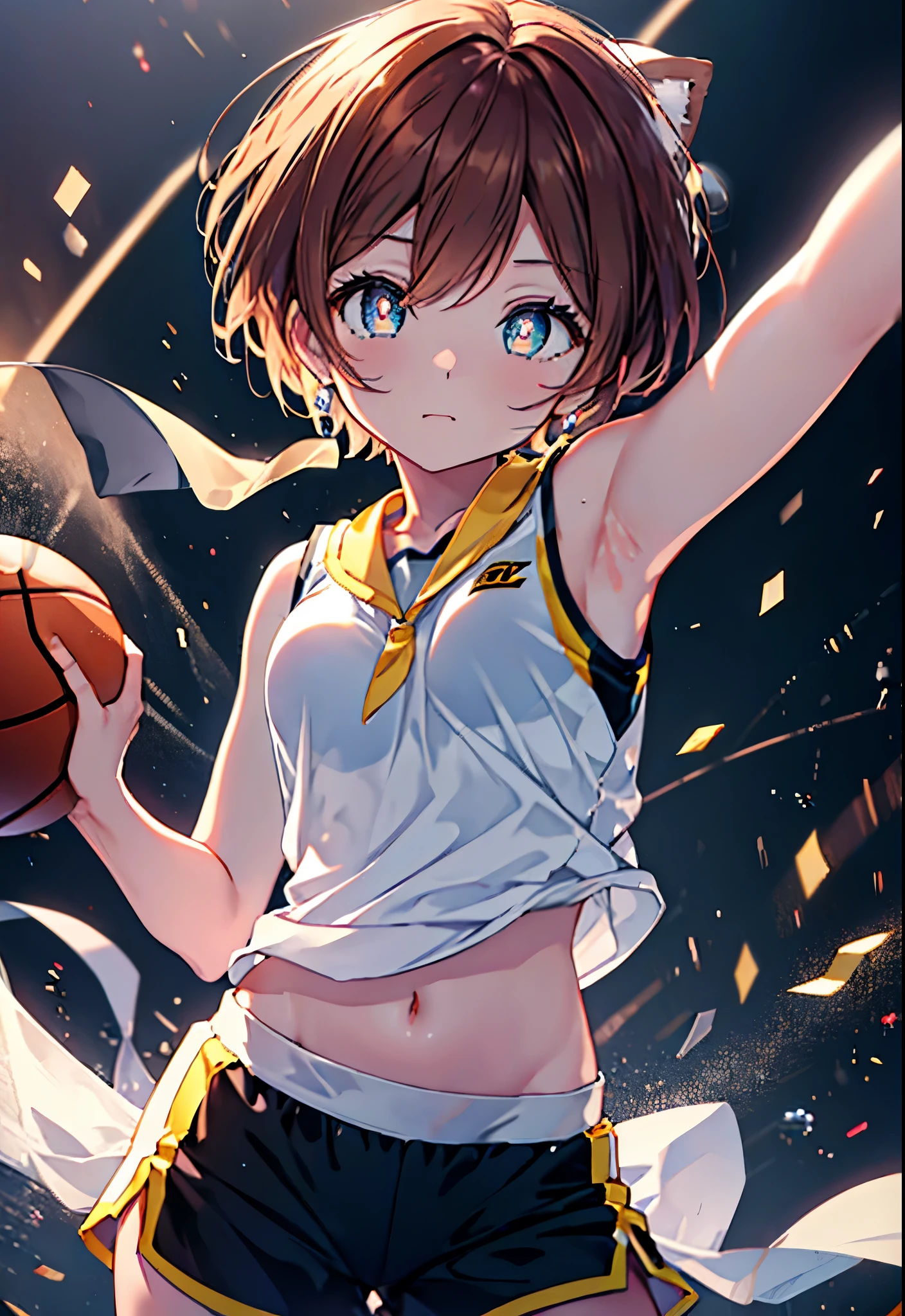 8k,highest quality,masterpiece,(((pixel perfect, Perfect in every detail))), alone, 1 girl, rin hoshizora, brown hair,short hair yellow eyes,small breasts,Limited to 1 female, (dynamic posing:1.2), /(basketball sleeveless uniform/basketball pants),  /bangs, (highest qualityのmasterpiece:1.2) Delicate illustrations super detailed, Big breasts BREAK /(Civic gymnasium/) indoor, audience、(masterpiece:1.2), highest quality, High resolution, unity 8k wallpaper, (shape:0.8), (beautiful and detailed eyes:1.6), highly detailed face, perfect lighting, Very detailed CG, (perfect hands, perfect anatomy),