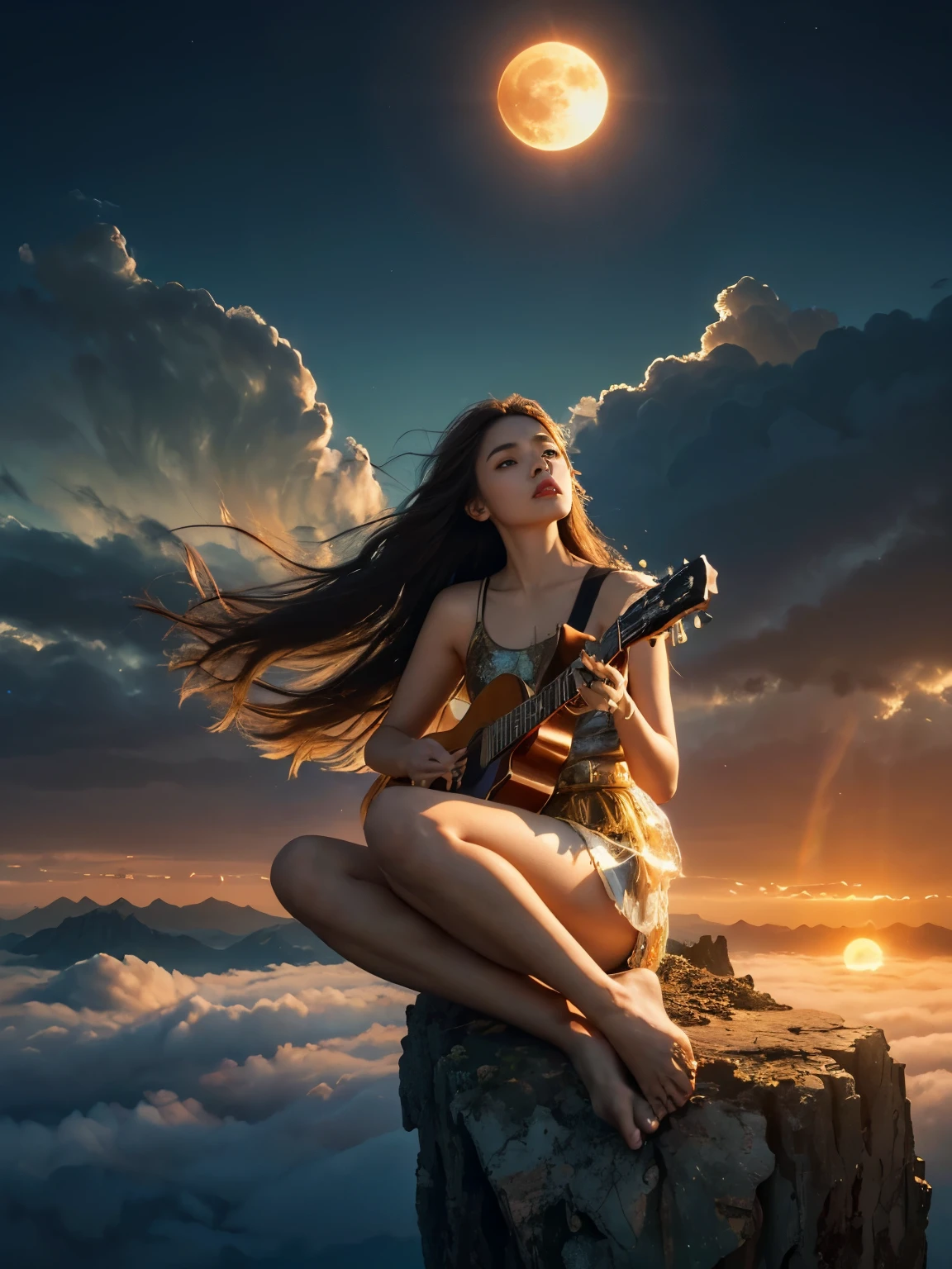 abstract painting art, 8k poster, full body, golden flowers, beautiful girl sitting on the edge of the cliff observing the distant horizon, golden eyes, garden, golden eyes, long hair blown by the wind, front view of female body, bronze hair metallic, red cloud sunset, night light, depth of valley seen from above with a lake and distant mountains, abstract oil painting, a girl well focused on the scene, (((girl plays guitar))), overexposure, overexposure art, surreal art, fantasy, abstract art of a woman in a mountain landscape, 8k poster, full body, gold and silver flowers, evening light, (((girl plays guitar))), (((giant full moon next to the sun, ))), (((musical signs in the clouds))), ((((long hair loose in the air, abstract hair molded into musical symbols, musical score thrown into the clouds, surreal art)))), high 8k resolution poster, gold and silver butterflies, ((short dress, tank top)), ((transparent t-shirt)), ((mini skirt)), ((bare feet) )), ((bare feet) )),