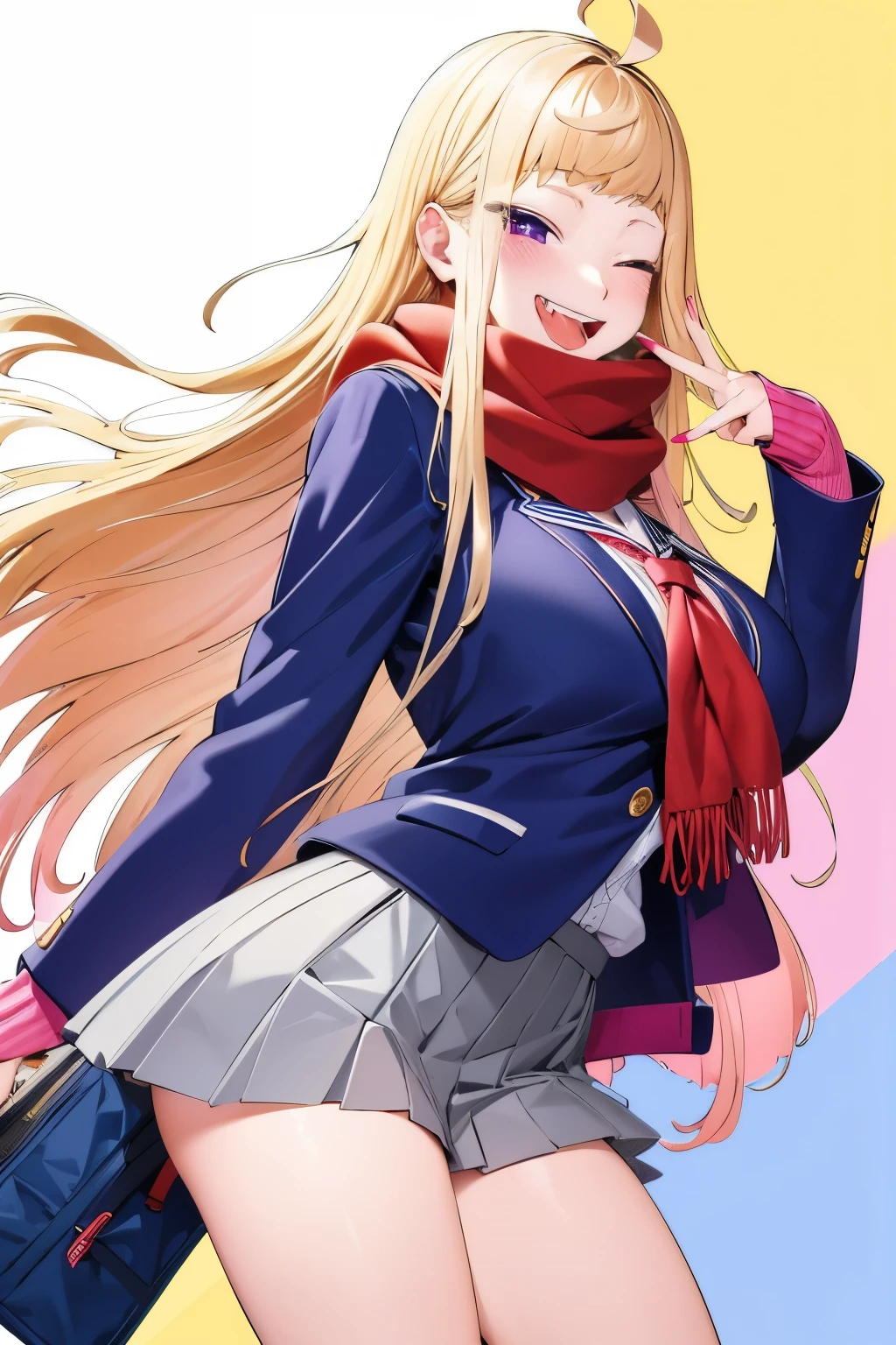 minami_fuyuki, 1girl,ahoge, solo, scarf, one eye closed, breasts, pink cardigan, jacket, cardigan, smile, purple eyes, skirt, red scarf, school uniform, blue nails, looking at viewer, open mouth, large breasts, white background, tongue, blush, blue jacket, breath, bangs, hair behind ear, teeth, pleated skirt, very long hair, grey skirt, tongue out, blazer 