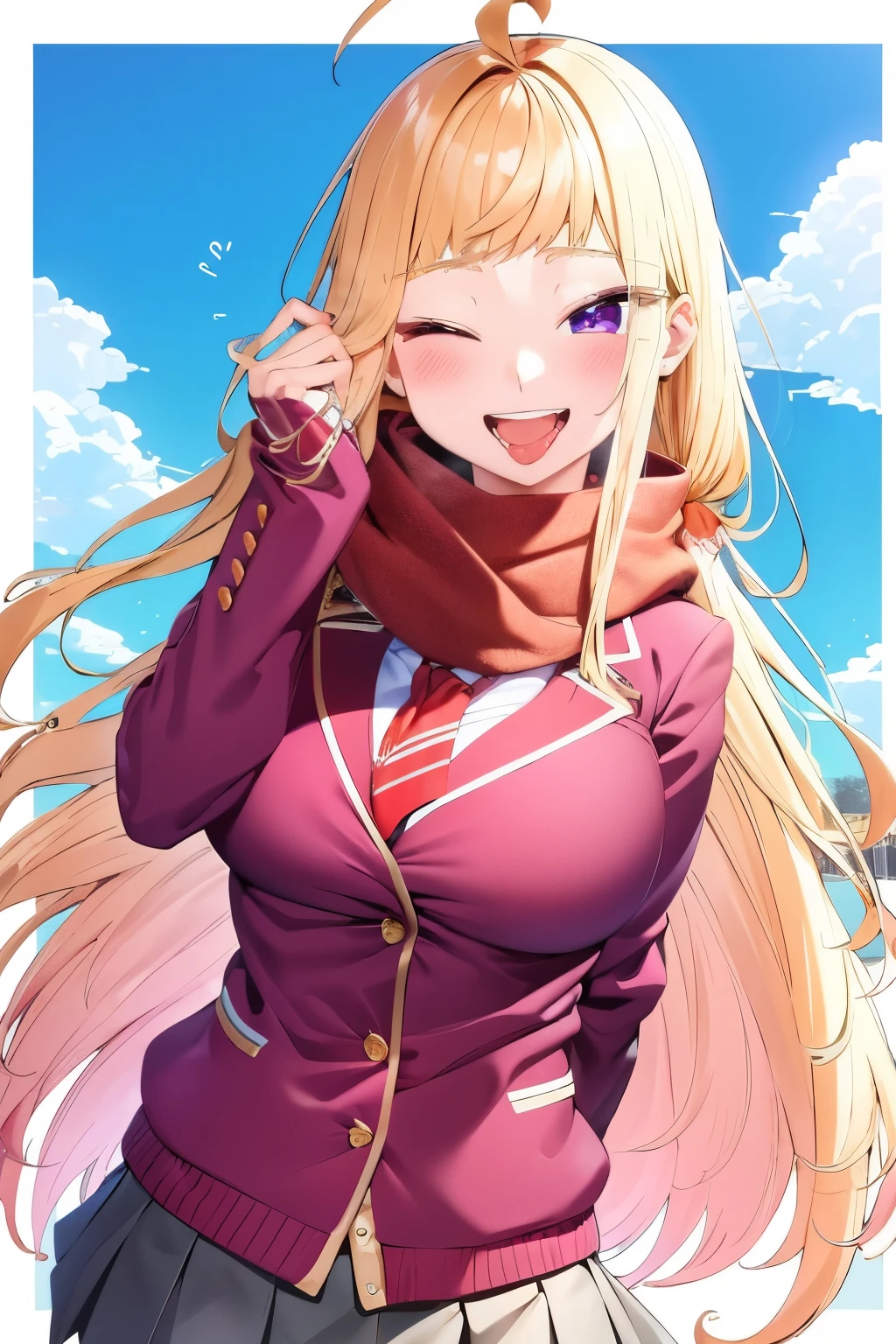 minami_fuyuki, 1girl,ahoge, solo, scarf, one eye closed, breasts, pink cardigan, jacket, cardigan, smile, purple eyes, skirt, red scarf, school uniform, blue nails, looking at viewer, open mouth, large breasts, white background, tongue, blush, blue jacket, breath, bangs, hair behind ear, teeth, pleated skirt, very long hair, grey skirt, tongue out, blazer 