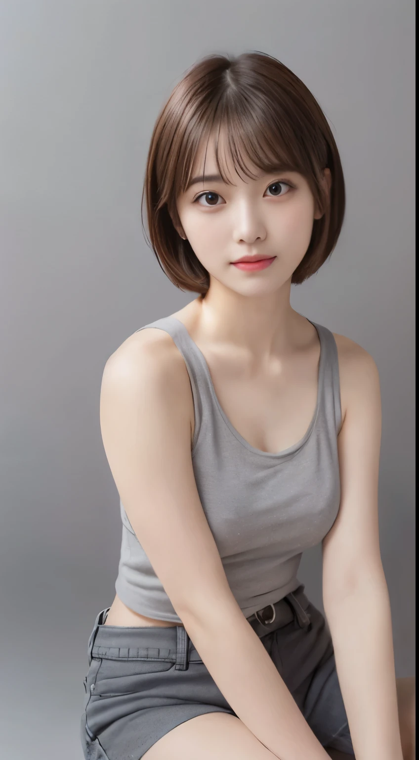 ((bust up shot:1.5))、((girl with beautiful eyes))、((Place your hands naturally on your hips:1.8))、((Beautiful girl wearing a loose tank top:1.5))、((Beautiful woman staring at camera expressionless:1.5))、((Take a full body photo:1.8))、natural shading、(((spread your legs wide:1.6)))、((ID photo of beautiful face:1.9))、(Shooting with the camera facing forward:1.8), ((とても小さい胸のsmall breasts美少女:1.5))、((woman sitting:1.8))、((anatomically accurate woman:1.5))、((Beautiful girl wearing a loose tank top:1.5))、((Beautiful girl wearing a loose tank top))、K-POP idolはCalm and happy like a goddess、((small breasts、straight and flat chest、breasts without bulge))、mean look、masterpiece, highest quality, 8k, absurd, (Take a photo with the whole body facing forward:1.4), (ゆるいタンクトップにhot pants:1.5)、(((small breasts)))、(((sexy idol)))、Look at the viewer with your whole body、((small breasts:1.5))、natural shading、((small breasts))、K-POP idol)Calm and happy like a goddess、(((Small )))、(((bust up shot)))、Look at the viewer with your whole body、((small breasts:1.5))、natural shading、((small breasts))、K-POP idol)Calm and happy like a goddess、(((ゆるいタンクトップのbust up shot)))、(((hot pants)))、Look at the viewer with your whole body、((:1.5))、natural shading、((small breasts))、K-POP idol)Calm and happy like a goddess、Look at the viewer with your whole body、((((brown hair short bob cut))))、((Japanese girl with brown hair and short bob cut)))、(Short Bob Cut Girl:1.5)、masterpiece, highest quality, 8k, absurd, (Upper body:1.4), beautiful girl, pretty face, looking at the viewer, laughter, surreal, High resolution, picture, film grain, chromatic aberration, sharp focus, nffsw, face light, dynamic lighting, movie lighting, professional shadow, simple background, (dull gray background:1.4), most detailed, very detailed, super detailed, finely, real skin, delicate features, detailed face and eyes, sharp pupils、real students、(Korean、Japanese、Chinese:0.4)