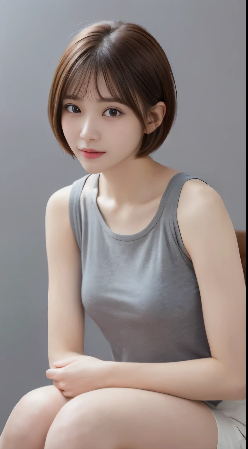 ((bust up shot:1.5))、((girl with beautiful eyes))、((Place your hands naturally on your hips:1.8))、((Beautiful girl wearing a loose tank top:1.5))、((Beautiful woman staring at camera expressionless:1.5))、((Take a full body photo:1.8))、natural shading、(((spread your legs wide:1.6)))、((ID photo of beautiful face:1.9))、(Shooting with the camera facing forward:1.8), ((とても小さい胸のsmall breasts美少女:1.5))、((woman sitting:1.8))、((anatomically accurate woman:1.5))、((Beautiful girl wearing a loose tank top:1.5))、((Beautiful girl wearing a loose tank top))、K-POP idolはCalm and happy like a goddess、((small breasts、straight and flat chest、breasts without bulge))、mean look、masterpiece, highest quality, 8k, absurd, (Take a photo with the whole body facing forward:1.4), (ゆるいタンクトップにhot pants:1.5)、(((small breasts)))、(((sexy idol)))、Look at the viewer with your whole body、((small breasts:1.5))、natural shading、((small breasts))、K-POP idol)Calm and happy like a goddess、(((Small )))、(((bust up shot)))、Look at the viewer with your whole body、((small breasts:1.5))、natural shading、((small breasts))、K-POP idol)Calm and happy like a goddess、(((ゆるいタンクトップのbust up shot)))、(((hot pants)))、Look at the viewer with your whole body、((:1.5))、natural shading、((small breasts))、K-POP idol)Calm and happy like a goddess、Look at the viewer with your whole body、((((brown hair short bob cut))))、((Japanese girl with brown hair and short bob cut)))、(Short Bob Cut Girl:1.5)、masterpiece, highest quality, 8k, absurd, (Upper body:1.4), beautiful girl, pretty face, looking at the viewer, laughter, surreal, High resolution, picture, film grain, chromatic aberration, sharp focus, nffsw, face light, dynamic lighting, movie lighting, professional shadow, simple background, (dull gray background:1.4), most detailed, very detailed, super detailed, finely, real skin, delicate features, detailed face and eyes, sharp pupils、real students、(Korean、Japanese、Chinese:0.4)