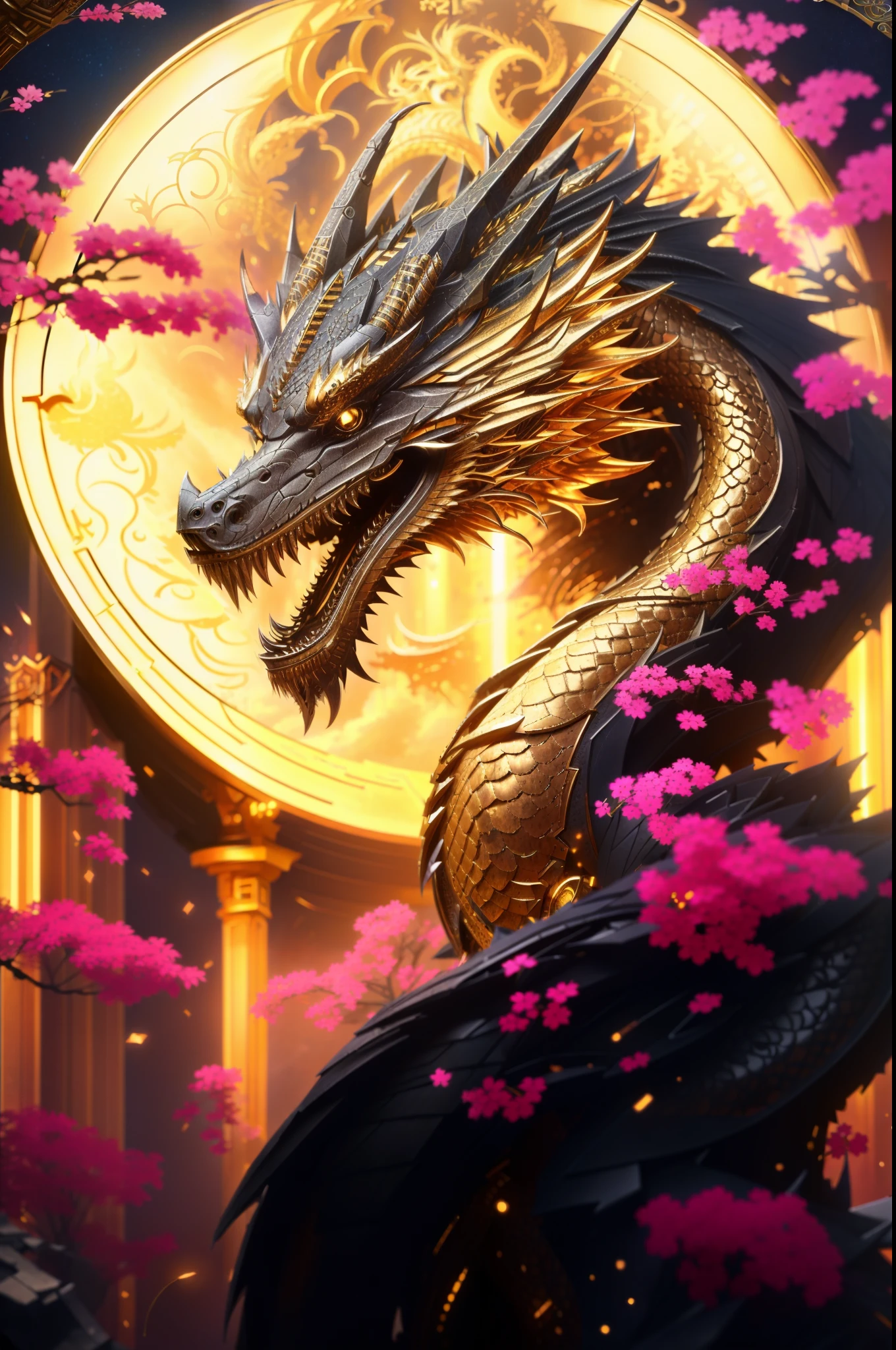 there is a dragon that is sitting in front of a clock, dragon portrait, dragon art, chinese dragon concept art, colossal dragon as background, loong, collectible card art, cyborg dragon portrait, detailed fantasy digital art, 4k detailed digital art, 8k high quality detailed art, 4 k detail fantasy, 4k highly detailed digital art, epic fantasy digital art style