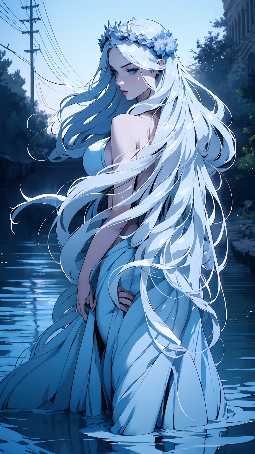 hyper-realistic  of a mysterious woman with flowing silver hair, piercing blue eyes, and a delicate floral crown, walking on the water, backards, looking back, whole  body