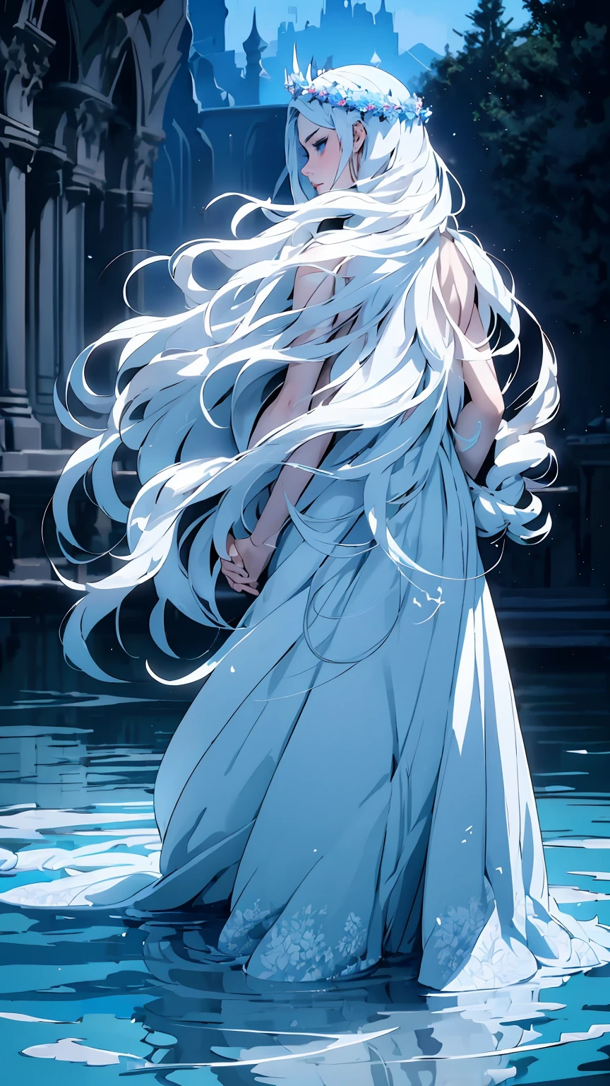 hyper-realistic of a mysterious woman with flowing silver hair, piercing blue eyes, and a delicate floral crown, walking on the water, backards, looking back, whole body