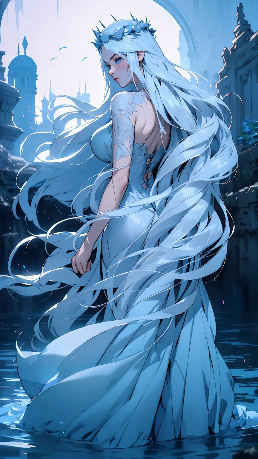 hyper-realistic  of a mysterious woman with flowing silver hair, piercing blue eyes, and a delicate floral crown, walking on the water, backards, looking back, whole  body