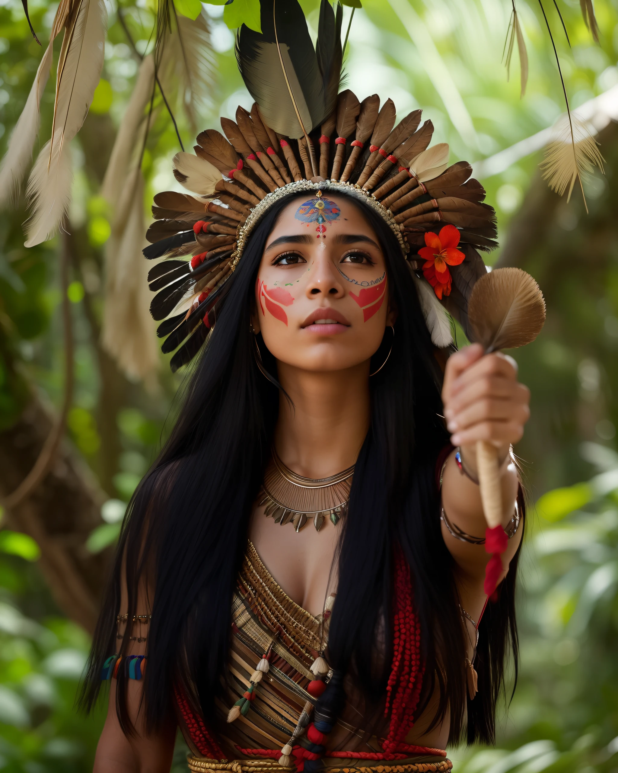 Extremely perfect hyper-realistic cinematic image of a woman in a feather headdress holding a wooden staff, Amazonian indigenous peoples in Brazil, a young shaman, beautiful young shaman, Retrato da princesa asteca, pintura facial tribal, roupas tribais, uma bela mulher guerreira, she is dressed in shaman clothes, maquiagem tribal, atmosfera vermelha tribal, Nativo americano, pinturas tribais do rosto, ESTILO TRIBAL, Deusa guerreira asteca, 16K, high definition, rosto detalhado, rosto detalhado, olhos detalhados, terno detalhado, Estilo DC, hiper-realista, + cinematic photo + Dynamic Composition, incrivelmente detalhado, nitidez, Detalhes + Detalhes soberbos + noite com luz + perfeccionismo + realismo premiado ((soft lighting))