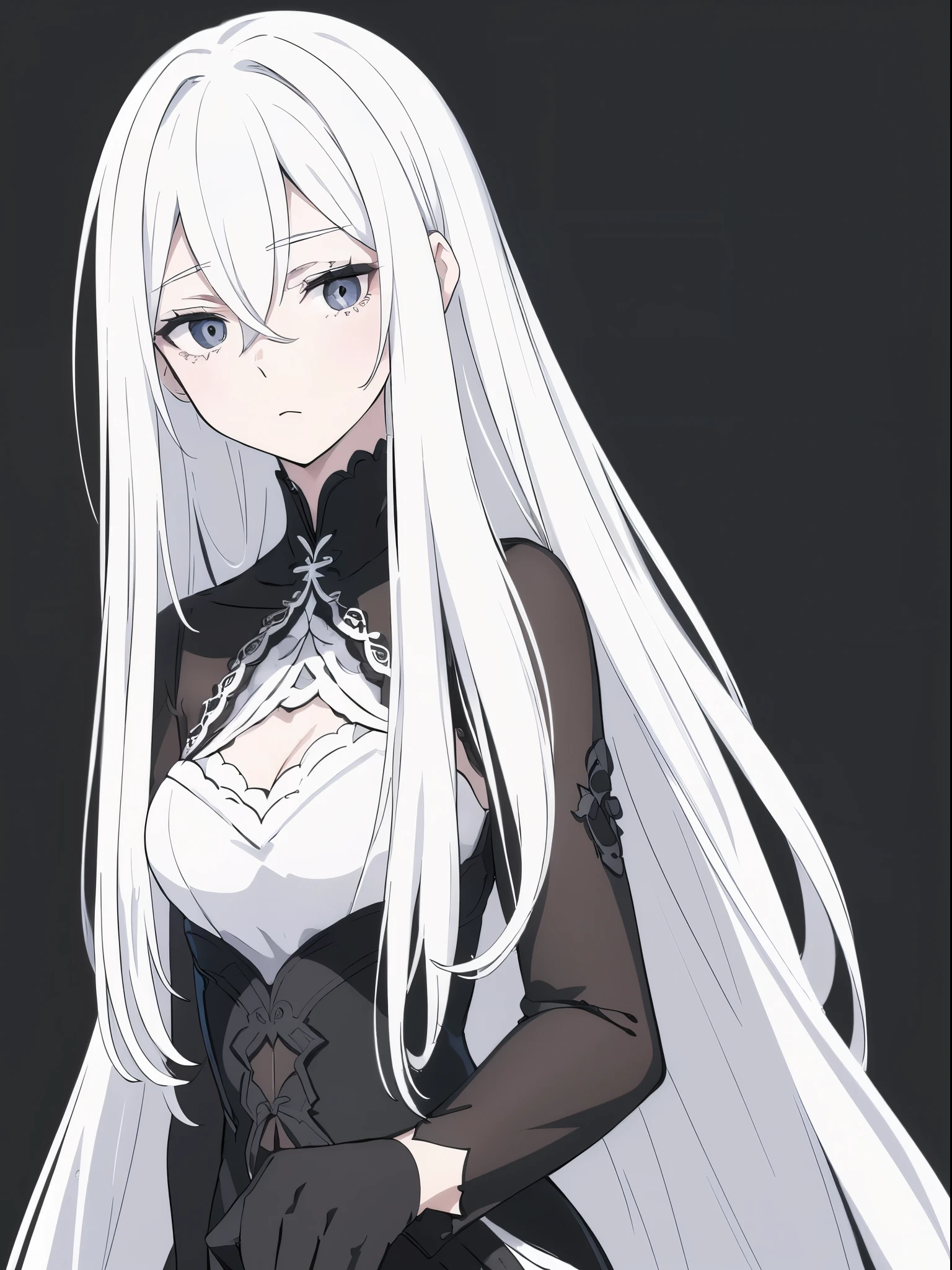 ((White hair)),((Head and Shoulders Image)),Sexy,A person,Alone,Simple style,pancake ,Simple details,Black background,Empty background,Black background wall,(20 year old woman),(Droopy hair),(White Gloves),(Evening Gown),(Lace Shirt),Lace,(confidence)