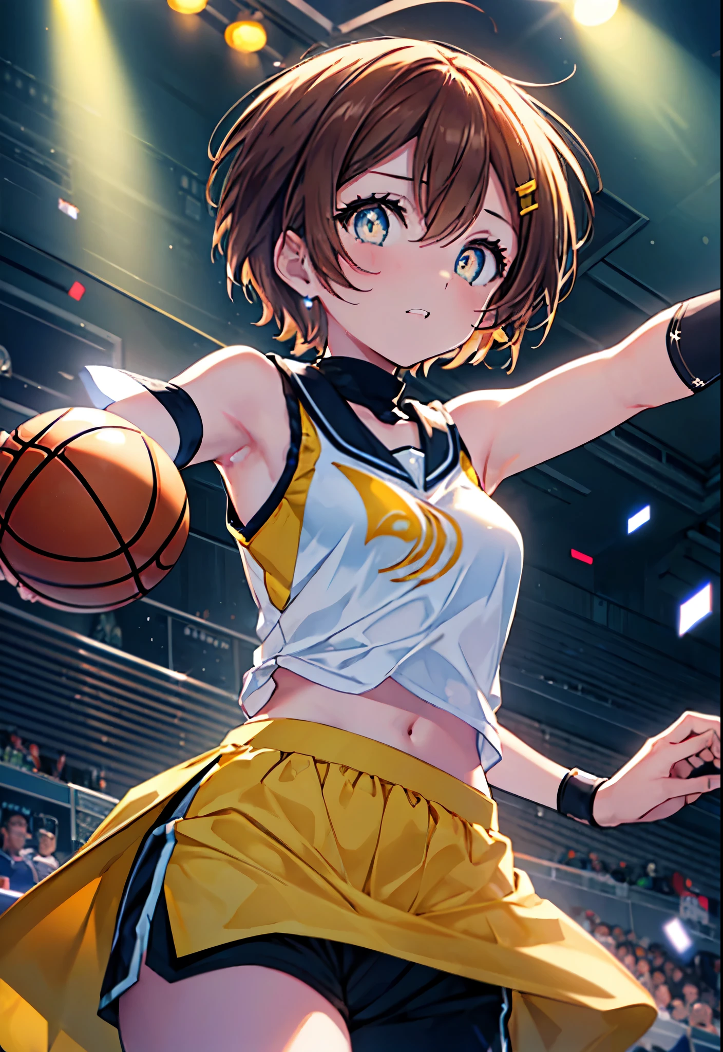 8k,highest quality,masterpiece,(((pixel perfect, Perfect in every detail))), alone, 1 girl, rin hoshizora, brown hair,short hair,yellow eyes,small breasts,Limited to 1 female, (dynamic posing:1.2), /(basketball sleeveless uniform/basketball pants), /bangs, (highest qualityのmasterpiece:1.2) Delicate illustrations super detailed, Big breasts BREAK /(Civic gymnasium/) indoor, audience、(masterpiece:1.2), highest quality, High resolution, unity 8k wallpaper, (shape:0.8), (beautiful and detailed eyes:1.6), highly detailed face, perfect lighting, Very detailed CG, (perfect hands, perfect anatomy),