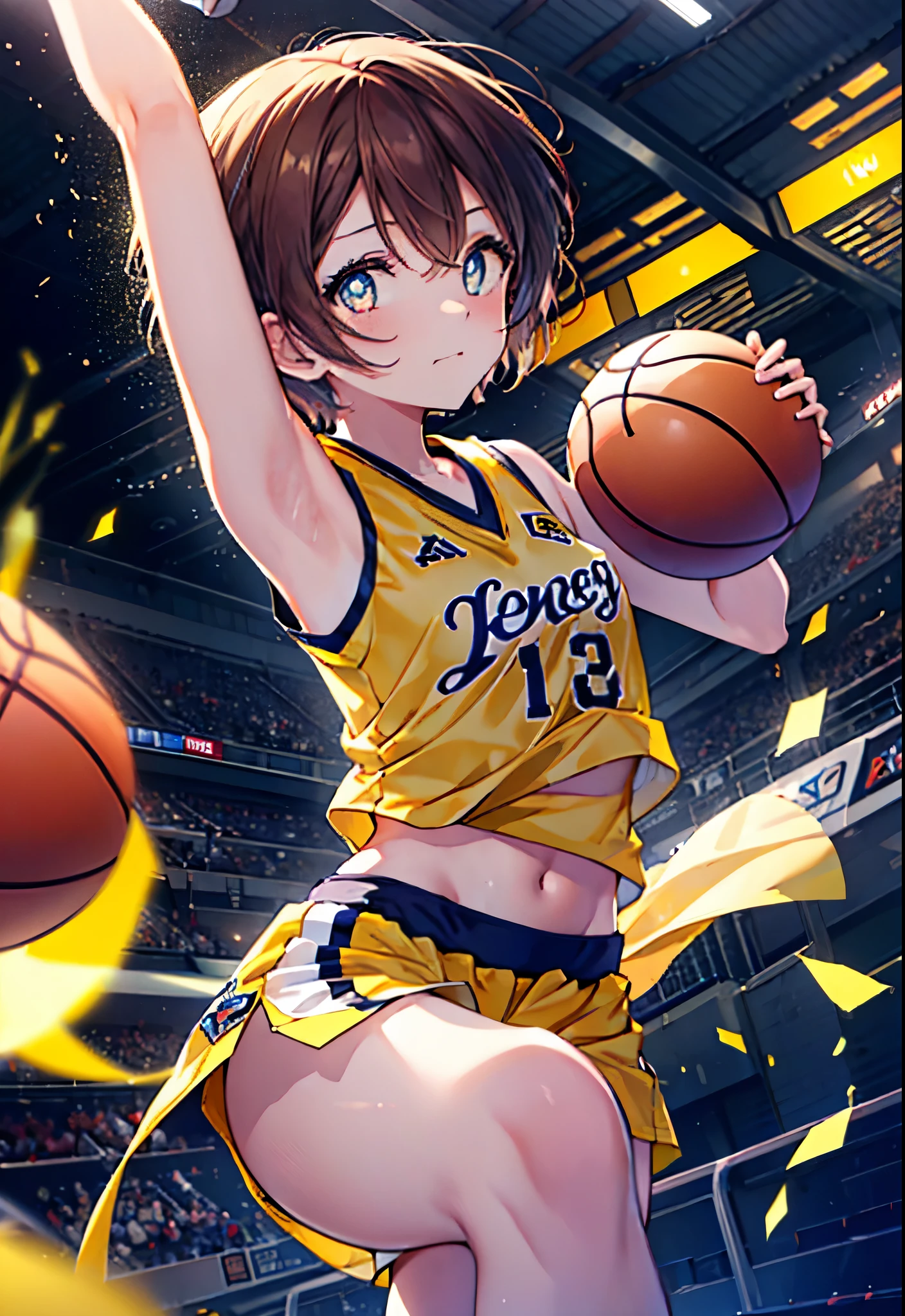 8k,highest quality,masterpiece,(((pixel perfect, Perfect in every detail))), alone, 1 girl, rin hoshizora, brown hair,short hair,yellow eyes,small breasts,Limited to 1 female, (dynamic posing:1.2), /(basketball sleeveless uniform/basketball pants), /bangs, (highest qualityのmasterpiece:1.2) Delicate illustrations super detailed, Big breasts BREAK /(Civic gymnasium/) indoor, audience、(masterpiece:1.2), highest quality, High resolution, unity 8k wallpaper, (shape:0.8), (beautiful and detailed eyes:1.6), highly detailed face, perfect lighting, Very detailed CG, (perfect hands, perfect anatomy),