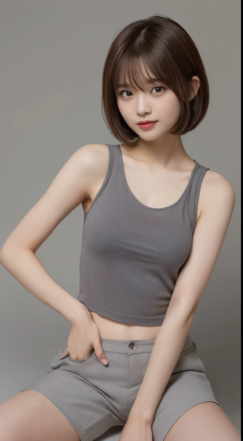 ((bust up shot:1.5))、((girl with beautiful eyes))、((Place your hands naturally on your hips:1.8))、((Beautiful girl wearing a loose tank top:1.5))、((Beautiful woman staring at camera expressionless:1.5))、((Take a full body photo:1.8))、natural shading、(((spread your legs wide:1.6)))、((ID photo of beautiful face:1.9))、(Shooting with the camera facing forward:1.8), ((とても小さい胸のsmall breasts美少女:1.5))、((woman sitting:1.8))、((anatomically accurate woman:1.5))、((Beautiful girl wearing a loose tank top:1.5))、((Beautiful girl wearing a loose tank top))、K-POP idolはCalm and happy like a goddess、((small breasts、straight and flat chest、breasts without bulge))、mean look、masterpiece, highest quality, 8k, absurd, (Take a photo with the whole body facing forward:1.4), (ゆるいタンクトップにhot pants:1.5)、(((small breasts)))、(((sexy idol)))、Look at the viewer with your whole body、((small breasts:1.5))、natural shading、((small breasts))、K-POP idol)Calm and happy like a goddess、(((Small )))、(((bust up shot)))、Look at the viewer with your whole body、((small breasts:1.5))、natural shading、((small breasts))、K-POP idol)Calm and happy like a goddess、(((ゆるいタンクトップのbust up shot)))、(((hot pants)))、Look at the viewer with your whole body、((:1.5))、natural shading、((small breasts))、K-POP idol)Calm and happy like a goddess、Look at the viewer with your whole body、((((brown hair short bob cut))))、((Japanese girl with brown hair and short bob cut)))、(Short Bob Cut Girl:1.5)、masterpiece, highest quality, 8k, absurd, (Upper body:1.4), beautiful girl, pretty face, looking at the viewer, laughter, surreal, High resolution, picture, film grain, chromatic aberration, sharp focus, nffsw, face light, dynamic lighting, movie lighting, professional shadow, simple background, (dull gray background:1.4), most detailed, very detailed, super detailed, finely, real skin, delicate features, detailed face and eyes, sharp pupils、real students、(Korean、Japanese、Chinese:0.4)