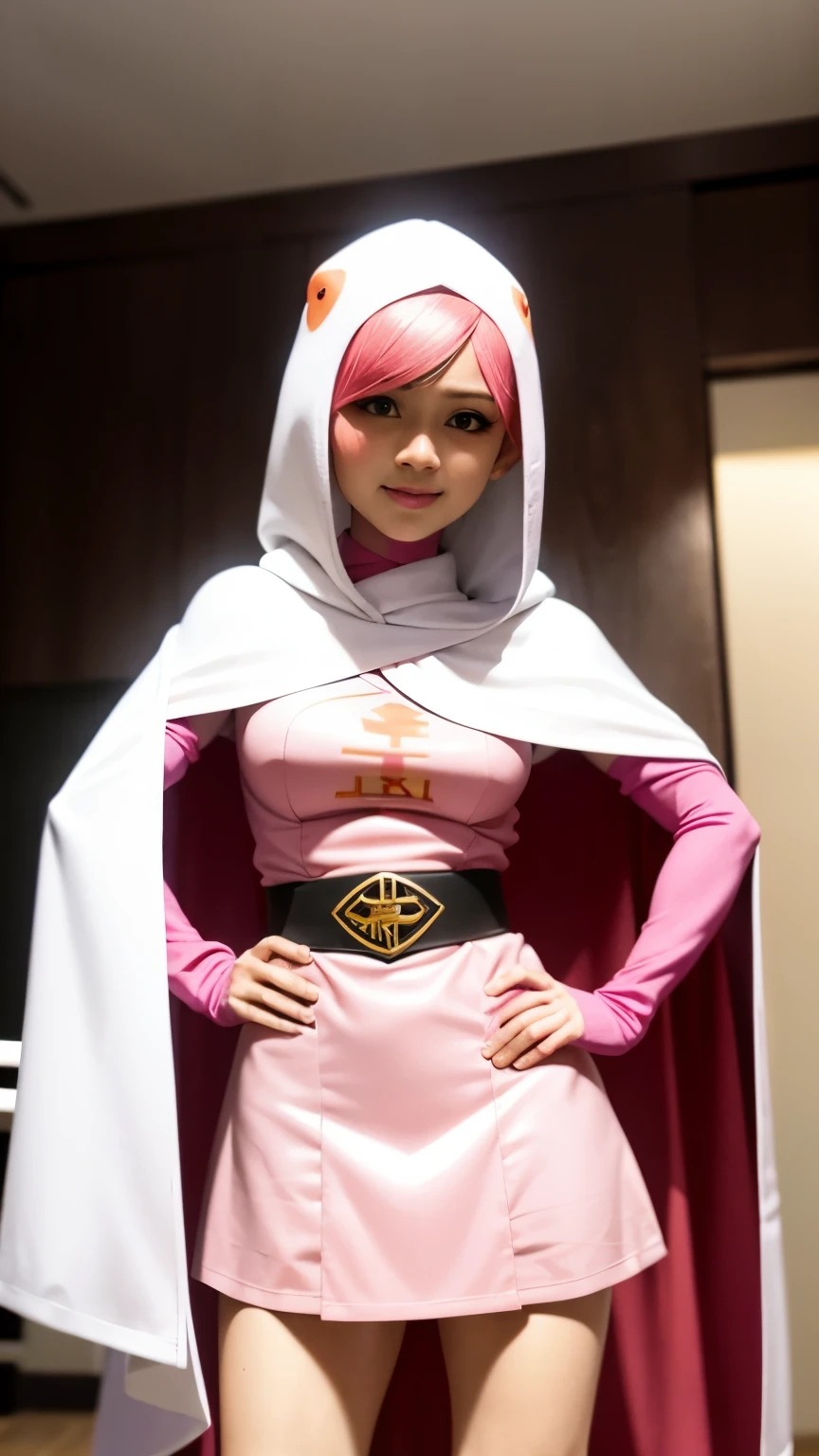 Alafi takes a photo wearing pink clothes and a cloak, cosplay photo, No helmet、long hair、full cosplay, by Akira Toriyama, anime cosplay, Renji Murata and Art Germ, anime girl cosplay, with cloak, Ilya Kubshinov and Artgerm, by Ikuo Hirayama, professional cosplay, ayaka cosplay, close up photo
