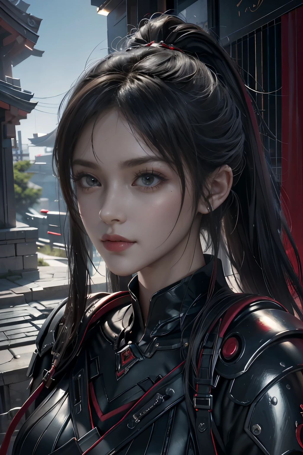 Game art，The best picture quality，Highest resolution，8K，(A bust photograph)，(Portrait:1.5)，(Head close-up)，(Rule of thirds)，Unreal Engine 5 rendering works， (The Girl of the Future)，(Female Warrior)， 
20岁少女，An eye rich in detail，(Big breasts)，优雅高贵，冷漠，勇敢的，
(Future style combat suit combining the characteristics of ancient armor，Ancient runes of light，Combat accessories with rich details，Metallic luster)，Future police，赛博朋克人物，

拍照姿势，简单背景，Movie lights，Ray tracing，Game CG，((3D Unreal Engine))，oc渲染反射纹