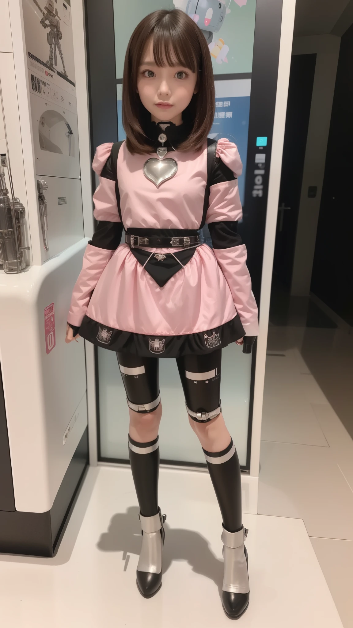 Robot Girl, pink there, Silver, Metallic body, Robot Parts, Metal Parts, Super Detailed Face, Super well-formed face, of the highest quality, a small face, a small head, Brown hair, Slender body, Camera gaze, Internal Mechanical Exposure, Idol, front facing, Well-proportioned body, sale, Exhibited, Event Hall, Moe Pose, pink metallic ta dress machine armor, Standing with legs open, Model body type, sad, Embarrassing,(Perfect Robot Girl),(Perfect machine body)