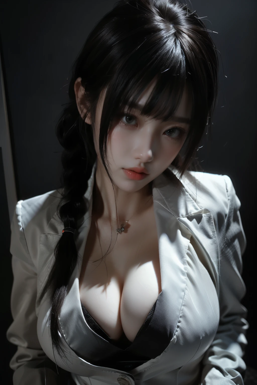 Game art,The best picture quality,Highest resolution,8K,(A bust photograph),(Portrait),(Head close-up),(Rule of thirds),Unreal Engine 5 rendering works,
一位美女的写真,An eye rich in detail,(Big breasts),优雅高贵,冷漠,勇敢的,
(Wearing a business suit,White shirt,Business attire),Sit,
拍照姿势,简单背景,Movie lights,Ray tracing,Game CG,((3D Unreal Engine)),oc渲染反射纹