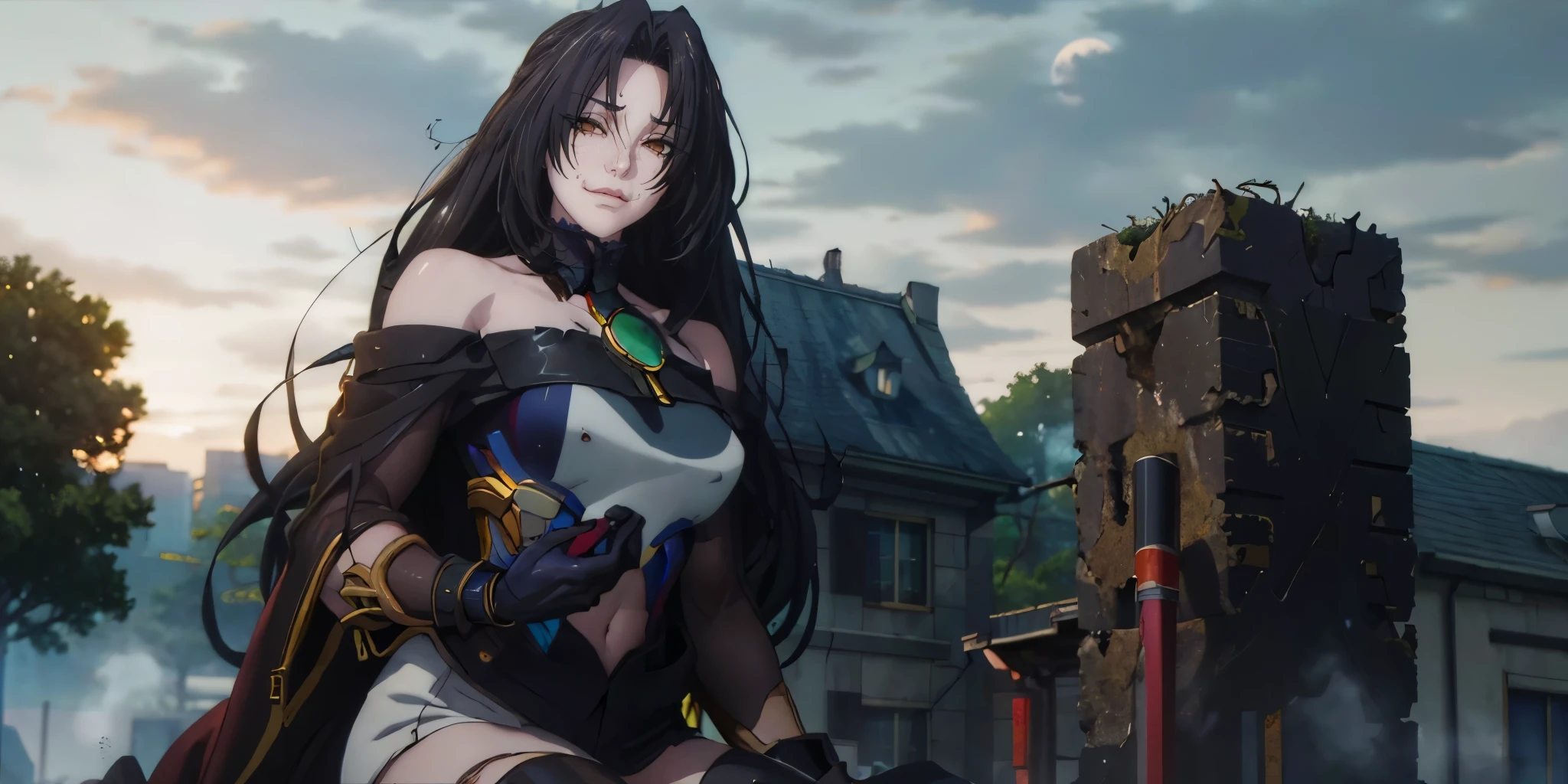 (shaded face:1.2), hollow eyes, yellow eyes, looking at viewer, heavy breathing, smirk, uppert teeth, long hair, black hair, blue eyes, breasts, 1girl, moon, abs, sky, solo, grass, red_eyes, full_moon, star_(sky), thighhighs, sitting, breasts, night, navel, looking_at_viewer, outdoors, strapless, boots, starry_sky, cloud, muscle, blush, thighs, "glow effects, godrays, Hand drawn, render, 8k, octane render, cinema 4d, blender, dark, atmospheric 4k ultra detailed, cinematic, Sharp focus, big depth of field, Masterpiece, colors, 3d octane render, 4k, concept art, trending on artstation, hyperrealistic, Vivid colors, extremely detailed CG unity 8k wallpaper, trending on CGSociety, Intricate, High Detail, dramatic", sweating, steaming body, fog, (anime coloring, anime screencap:1.5)
