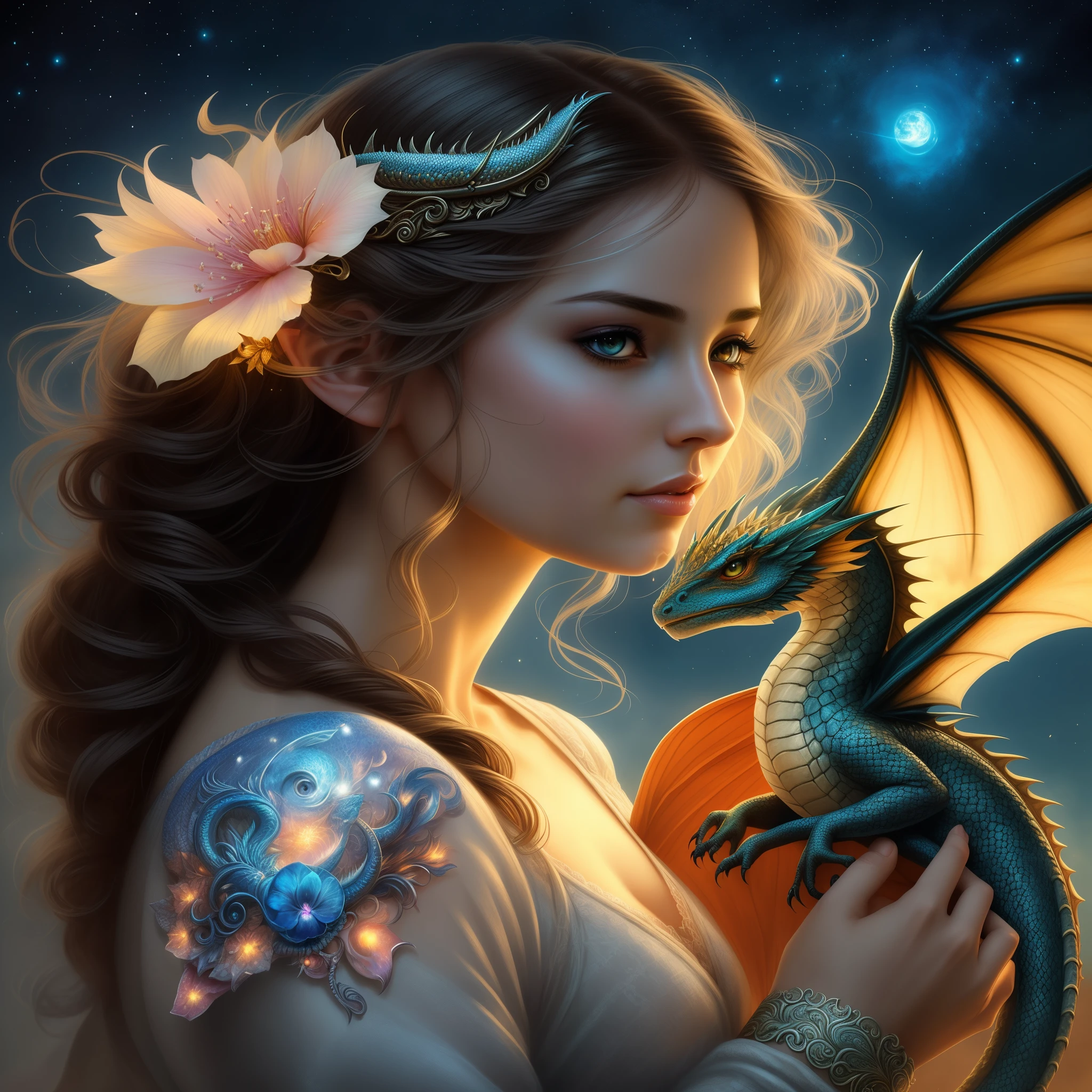a woman with a dragon in her hand and a flower in her hair, beautiful fantasy art portrait, beautiful fantasy art, fantasy art portrait, the dragon girl portrait, detailed fantasy art, beautiful fantasy portrait, very beautiful fantasy art, detailed fantasy digital art, amazing fantasy art, beautiful detailed fantasy, realistic fantasy illustration, fantasy portrait art, graphic artist magali villeneuve