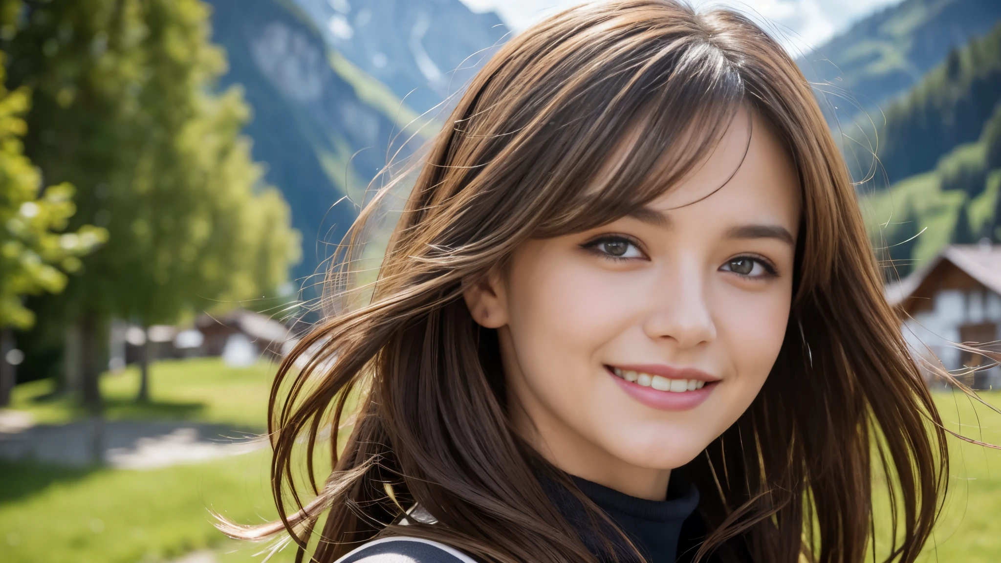 masterpiece, Best Quality, Photorealistic, Ultra-detailed, finely detailed, High resolution, 8K Wallpaper, 1 beautiful woman, light brown hair, foco nítido, Perfect dynamic composition, Beautiful detailed eyes, detailed hairs, Detailed realistic skin texture, Smiling, portrait, Model body type, The background is the village of Grindelwald, Switzerland,