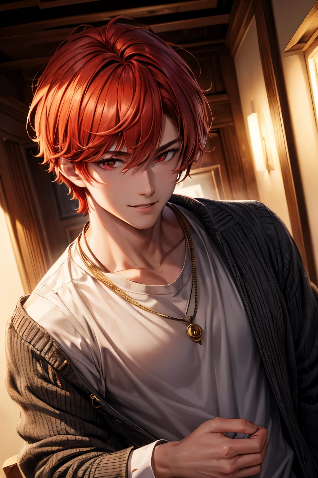 (masterpiece, best quality, absurdres), high quality, highres, ultra detailed, intricate, depth of field, cinematic lighting, soft lighting, handsome man with red hair looking at the viewer, comma hair style , red eyes , predator pupils ,short hair, school outfit ,smile