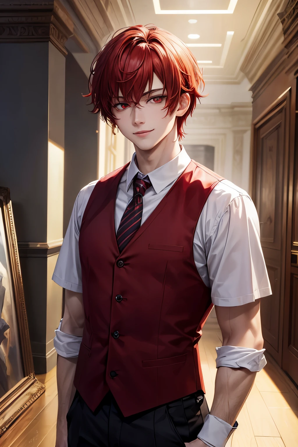 (masterpiece, best quality, absurdres), high quality, highres, ultra detailed, intricate, depth of field, cinematic lighting, soft lighting, handsome man with red hair looking at the viewer, comma hair style , red eyes , predator pupils ,short hair, school outfit ,smile