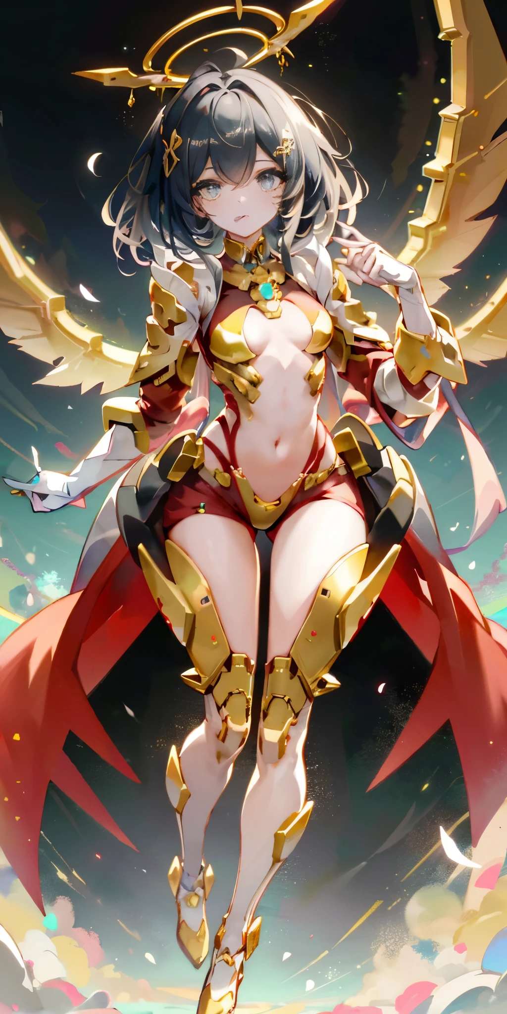 Anime star magic girl, magic , anime goddess, Wear a tailored dress, (((looking at camera)), There is a halo floating above the head, wings spread, facial details, Halo and wings detail, detailed art, pastel colors, Natural light, View from the front, ultra high definition, Very detailed, center, watercolor,small breasts,open navel,Showing thighs,camel toe,whole body,White background