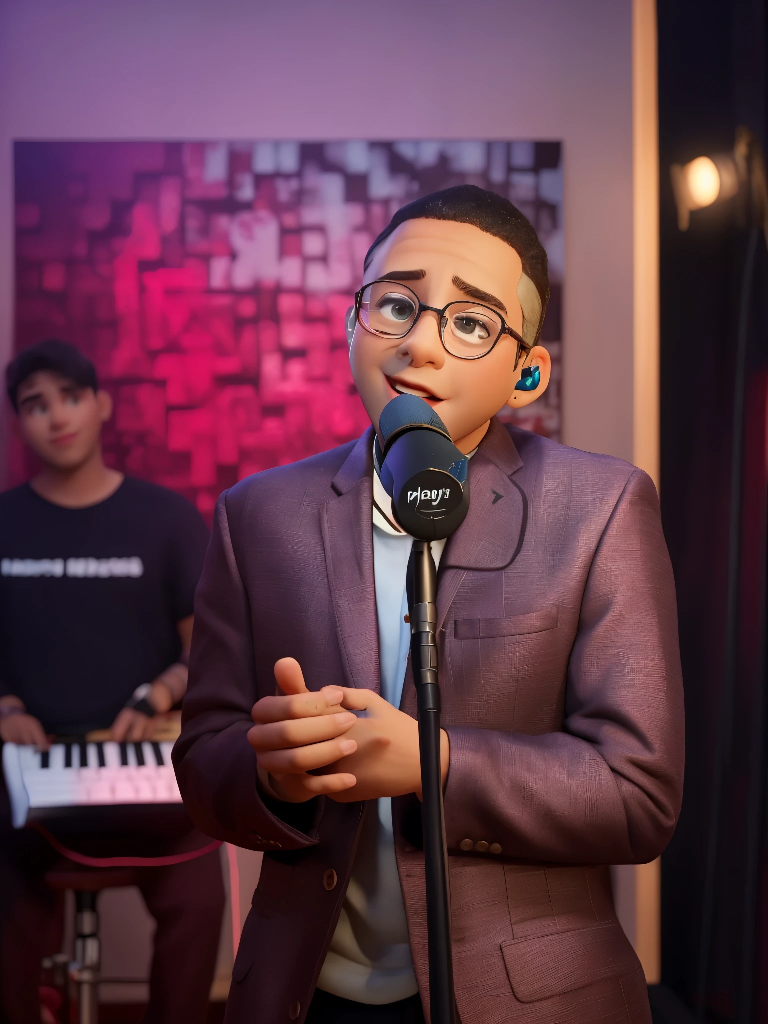 Disney Pixar, animation,there's a boy in a suit singing into a microphone, suave em _ o fundo, suave em o fundo, taken at the beginning of 2020, george pemba, live show, music video, Atuando no palco, Vista completa, retrato no meio da foto, arte mista, cantora no show de voz, galante, meio retrato
