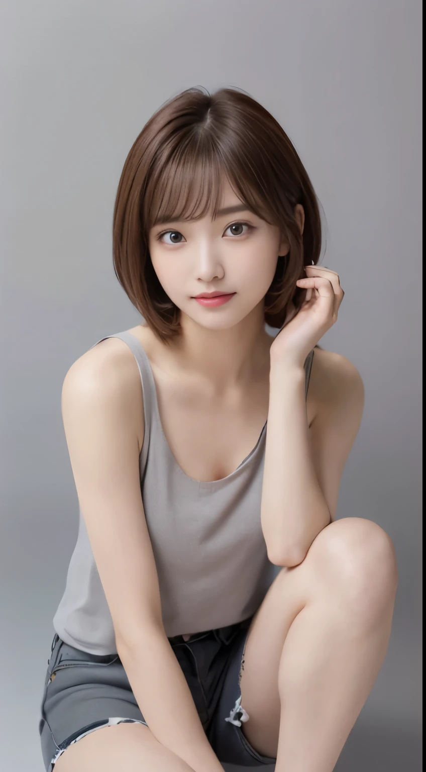 ((bust up shot:1.5))、((girl with beautiful eyes))、((Place your hands naturally on your hips:1.8))、((Beautiful girl wearing a loose tank top:1.5))、((Beautiful woman staring at camera expressionless:1.5))、((Take a full body photo:1.8))、natural shading、(((spread your legs wide:1.6)))、((ID photo of beautiful face:1.9))、(Shooting with the camera facing forward:1.8), ((とても小さい胸のsmall breasts美少女:1.5))、((woman sitting:1.8))、((anatomically accurate woman:1.5))、((Beautiful girl wearing a loose tank top:1.5))、((Beautiful girl wearing a loose tank top))、K-POP idolはCalm and happy like a goddess、((small breasts、straight and flat chest、breasts without bulge))、mean look、masterpiece, highest quality, 8k, absurd, (Take a photo with the whole body facing forward:1.4), (ゆるいタンクトップにhot pants:1.5)、(((small breasts)))、(((sexy idol)))、Look at the viewer with your whole body、((small breasts:1.5))、natural shading、((small breasts))、K-POP idol)Calm and happy like a goddess、(((Small )))、(((bust up shot)))、Look at the viewer with your whole body、((small breasts:1.5))、natural shading、((small breasts))、K-POP idol)Calm and happy like a goddess、(((ゆるいタンクトップのbust up shot)))、(((hot pants)))、Look at the viewer with your whole body、((:1.5))、natural shading、((small breasts))、K-POP idol)Calm and happy like a goddess、Look at the viewer with your whole body、((((brown hair short cut))))、((Japanese girl with short brown hair)))、(short cut girl:1.5)、masterpiece, highest quality, 8k, absurd, (Upper body:1.4), beautiful girl, pretty face, looking at the viewer, laughter, surreal, High resolution, picture, film grain, chromatic aberration, sharp focus, nffsw, face light, dynamic lighting, movie lighting, professional shadow, simple background, (dull gray background:1.4), most detailed, very detailed, super detailed, finely, real skin, delicate features, detailed face and eyes, sharp pupils、real students、(Korean、Japanese、Chinese:0.