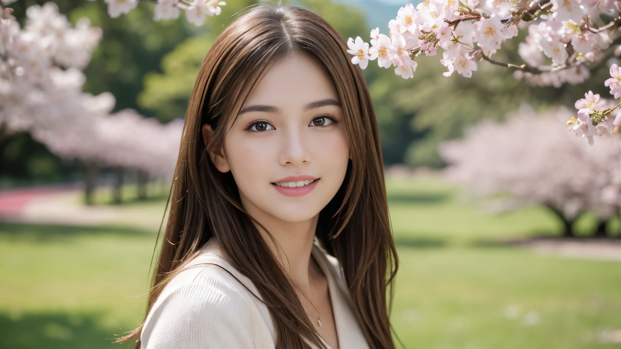 masterpiece, Best Quality, Photorealistic, Ultra-detailed, finely detailed, High resolution, 8K Wallpaper, 1 beautiful woman, light brown hair, foco nítido, Perfect dynamic composition, Beautiful detailed eyes, detailed hairs, Detailed realistic skin texture, Smiling, portrait, Model body type, Take a walk in the park with cherry blossoms and Fuji mountain background,