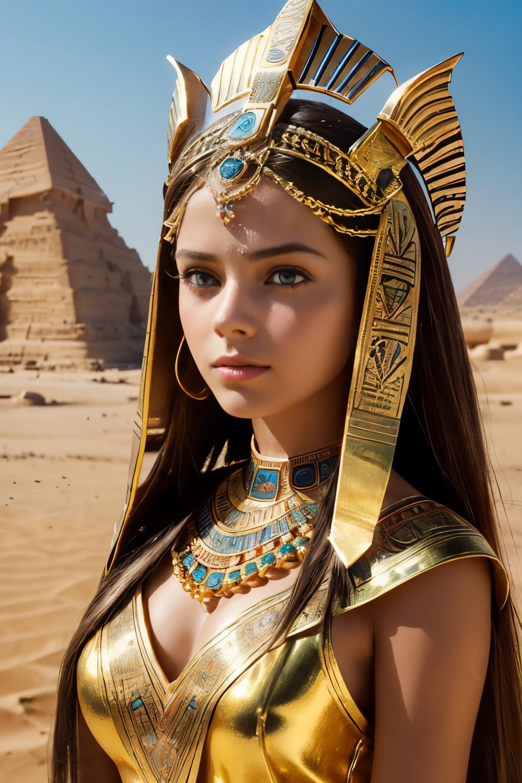 (cinematic photograph of a detailed beautiful 18-year old woman with ((facial and body characteristics that is similar to Kristina Pimenova))), (), ((Ancient Egyptian Elegance: Theme: Timeless beauty inspired by ancient Egypt. Clothing: Flowing gowns with Egyptian motifs, gold accessories. Scene: A desert landscape or a setting reminiscent of ancient temples. Props: Ankh, scarab jewelry, or a golden headdress.)), (), (), finely detailed, ultra-realistic features of her pale skin and (slender and athletic body), and (symmetrical, realistic and beautiful face), candid, (), (), (()), (), film stock photograph,  rich colors, hyper realistic, lifelike texture, dramatic lighting, strong contrast