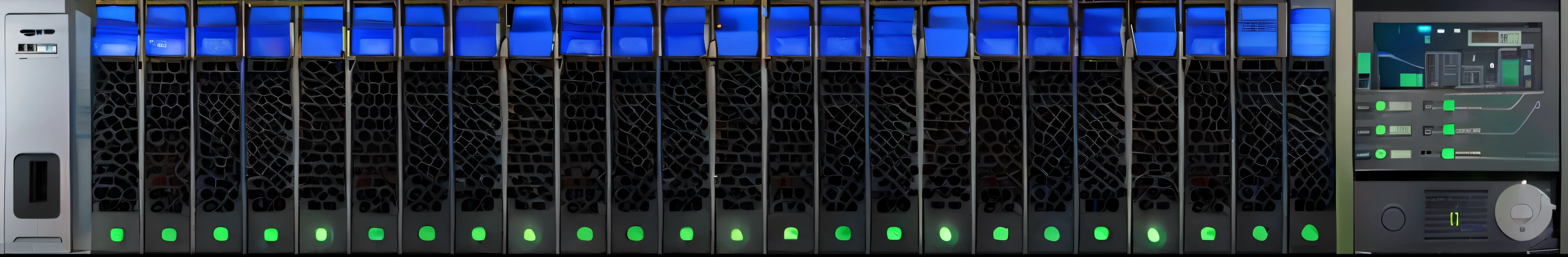 a close up of a prateleira of servidores with blue and green lights, servidores, Supercomputador, servidor, datacenter, servidor no meio, Centro de dados, cloud servidor, prateleiras, in detailed Centro de dados, prateleira, in realistic Centro de dados, extreamly detailed Centro de dados, reduce duplication interference, andando na sala do servidor, plataformas, 1080s