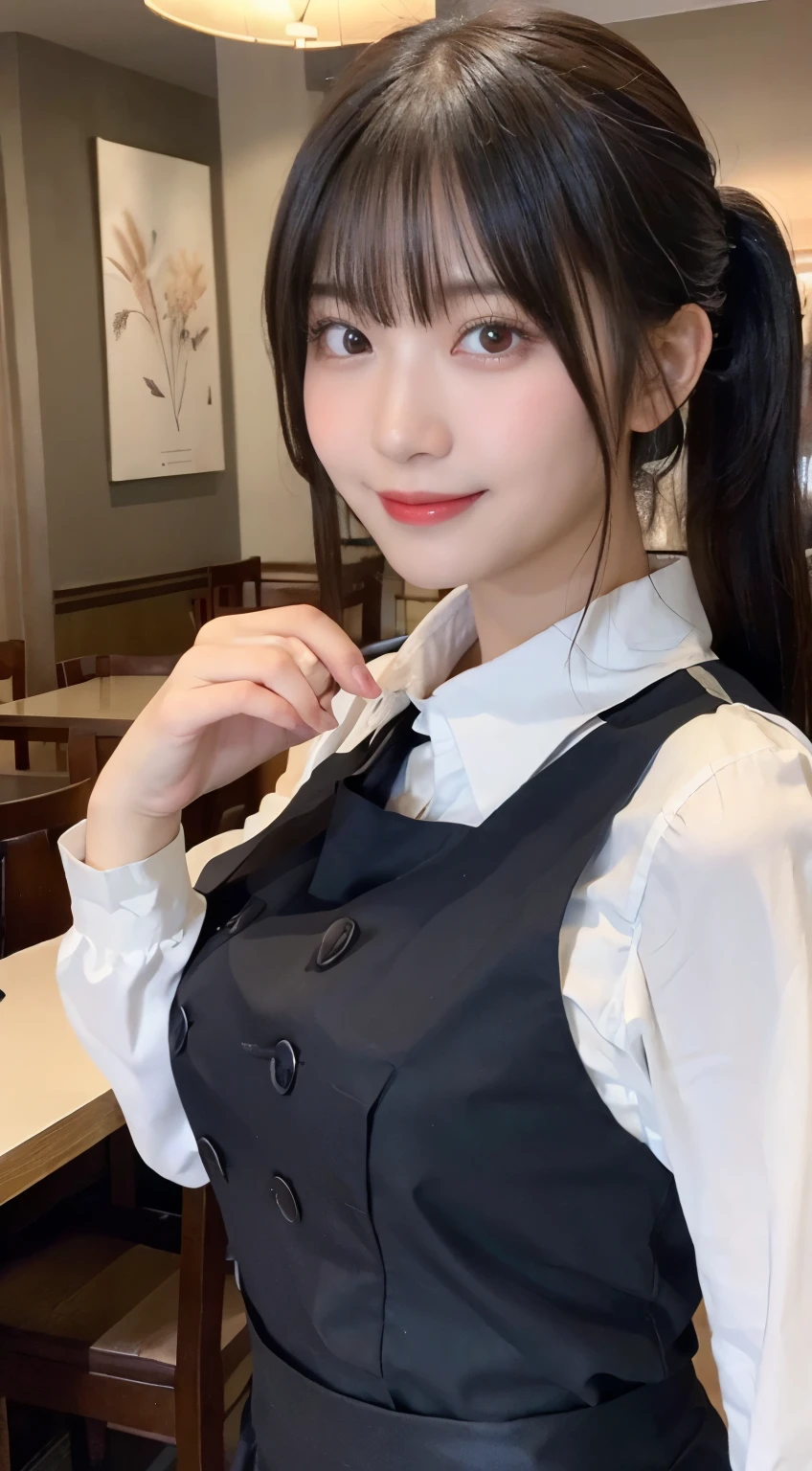 (highest quality,masterpiece:1.3,ultra high resolution,),(Super detailed,caustics),(Photoreal:1.4,RAW shooting,)ultra-realistic capture,very detailed,High resolution 16K human skin close-up。 natural skin texture、,The pores are、、、Must be detailed enough to be easily identified。 Skin should look even-toned and healthy。 Use natural light and color,restaurant,waitress uniform,1 girl,Japanese,18-year-old,cute,black haired,ponytail,big breasts,smile,turn your body forward,(Front view:1.1),look at the camera,cowboy shot,