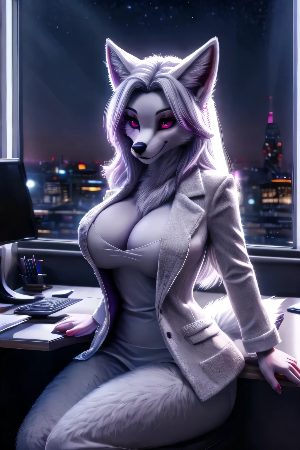solo, anthro, female, arctic fox, open jacket, eyelashes, magenta eyes, white, desk, sitting at desk, furry, seductive, sexy, sexually attractive, adorable, smile, cute, beautiful, furry fox, {office}, window, cityscape, inside, white fur, long white hair, night time, cinematic angle, detailed fur, white skin, detailed facial features, detailed lighting, masterpiece, wallpaper, desktop wallpaper, 5 fingers, detailed, realistic, perfect anatomy, perfect shading, beautiful quality, masterpiece, hi res, absurd res, detailed hands, {{{blender (software)}}}, , , ,